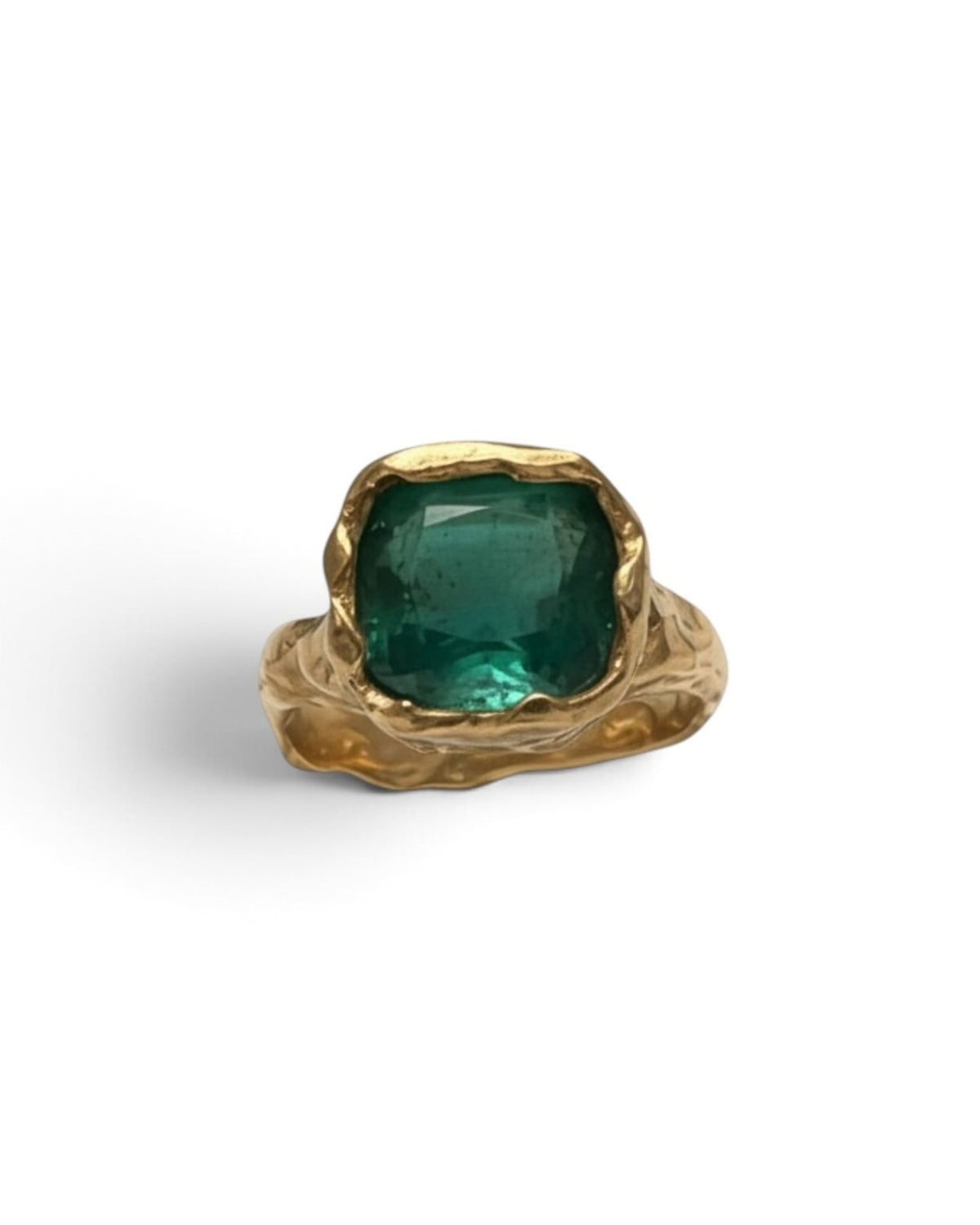 Front view of an 18k gold vermeil ring with a large faceted emerald-green stone, on white background