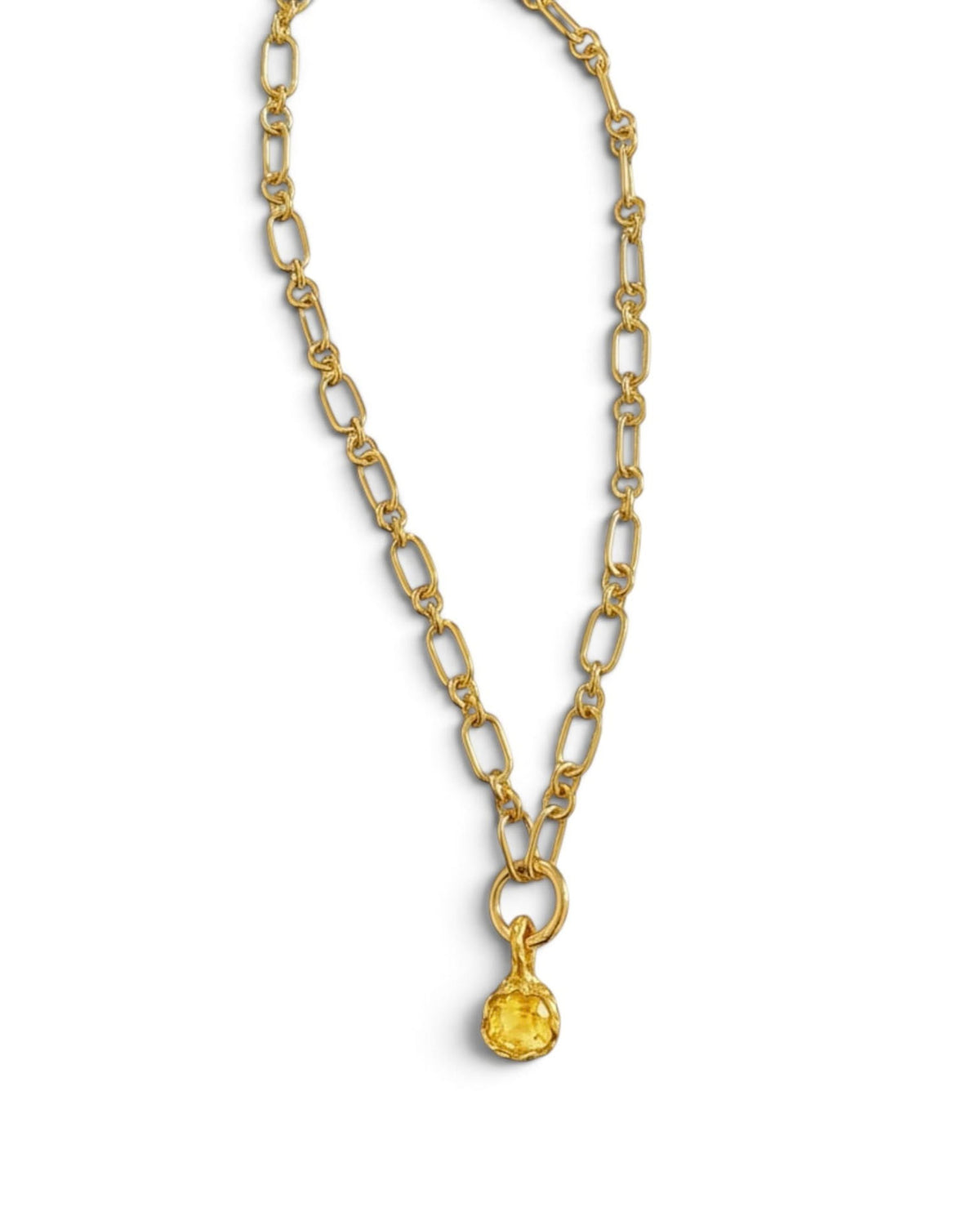 Full-length 18k gold vermeil paperclip chain necklace with a green gold quartz pendant, on white background