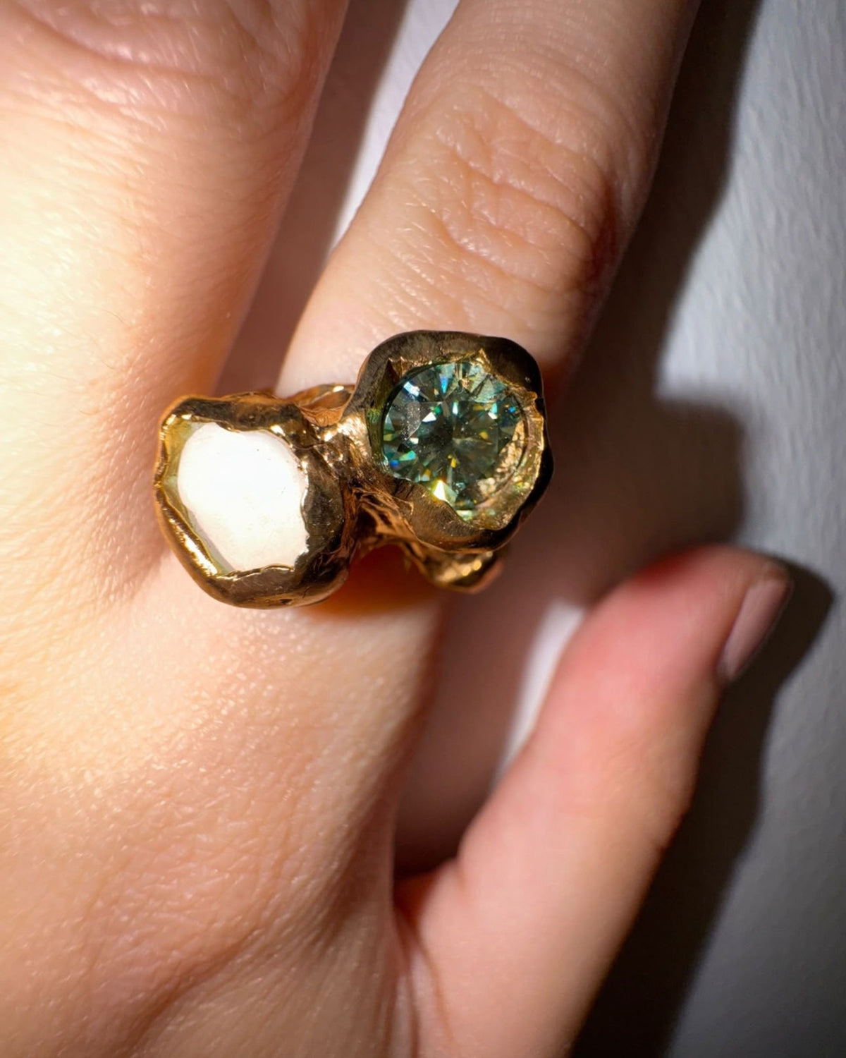 Camila D. Daneri Opal &amp; Moissanite Ring in gold vermeil, close-up worn on hand
