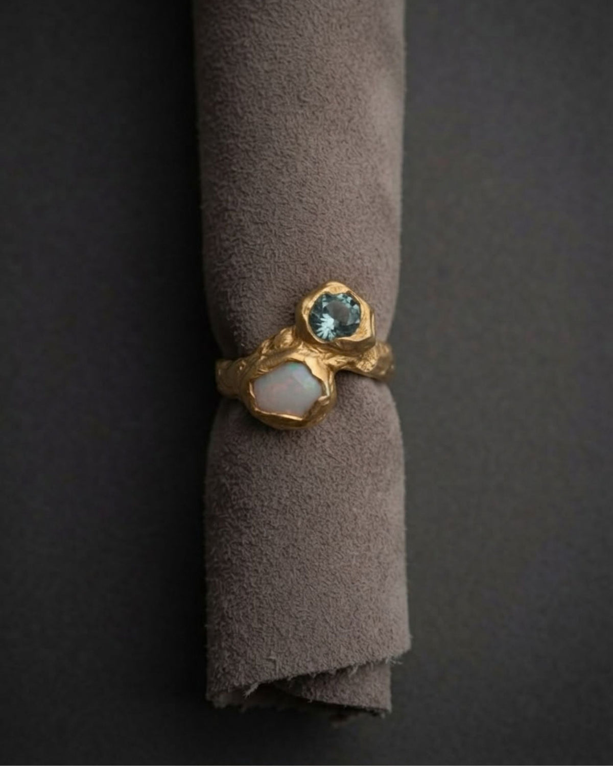 Camila D. Daneri Opal &amp; Moissanite Ring in gold vermeil, styled on fabric showing both settings