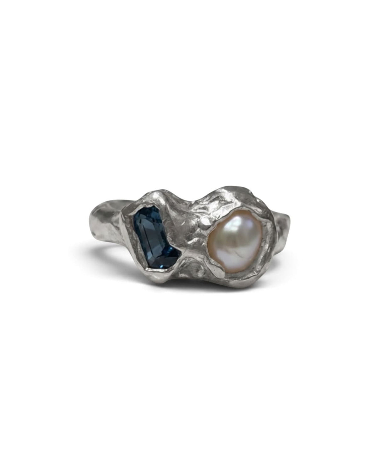 Camila D. Daneri Pearl &amp; Topaz Ring in sterling silver, front angle view showing topaz and pearl