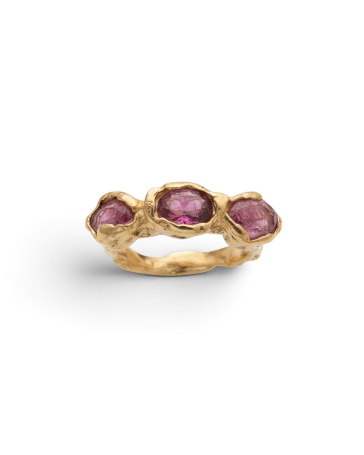 Camila D. Daneri Tourmaline Ring in gold vermeil, angled top view showing all three stones
