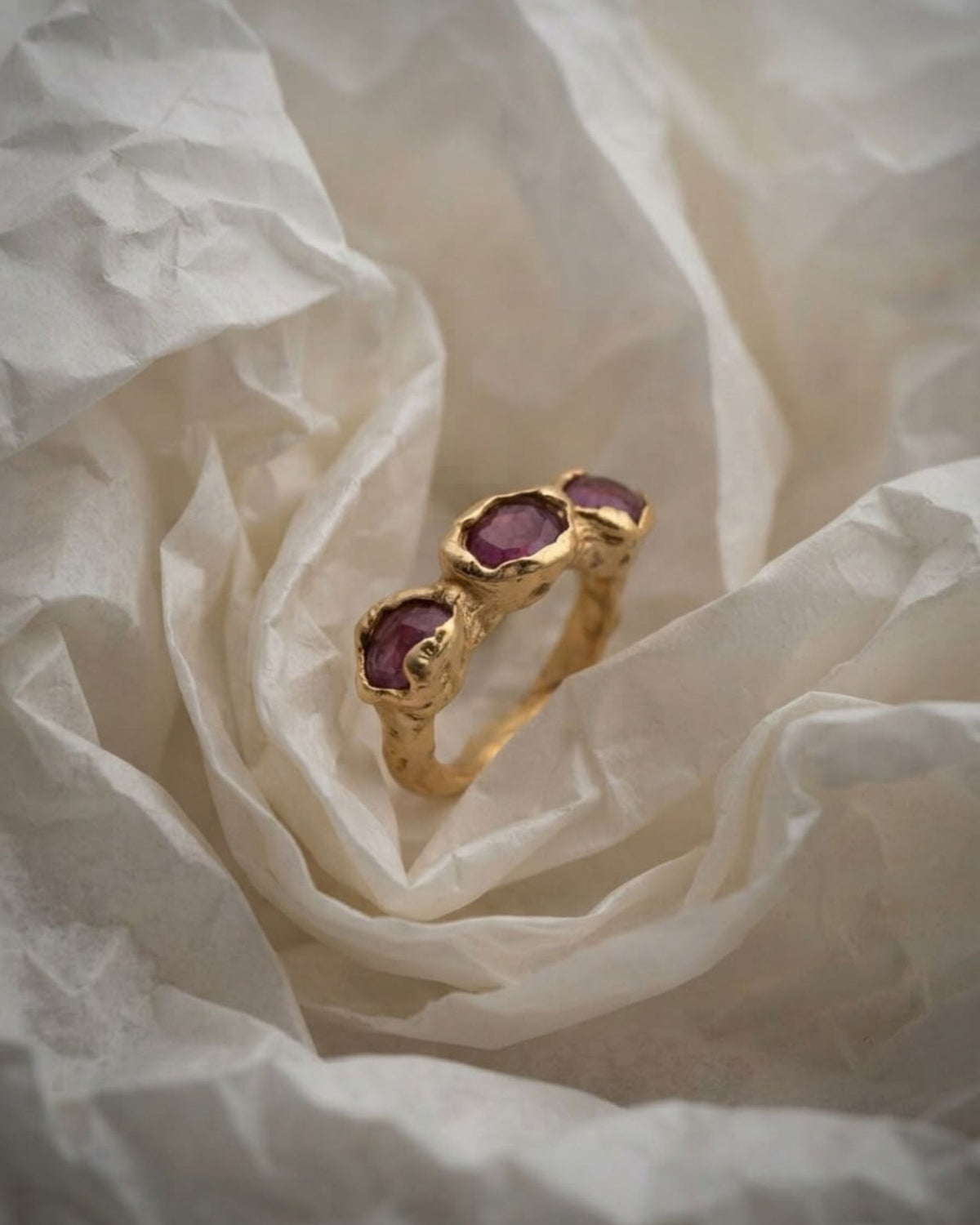 Camila D. Daneri Tourmaline Ring in gold vermeil, close-up nestled in tissue paper