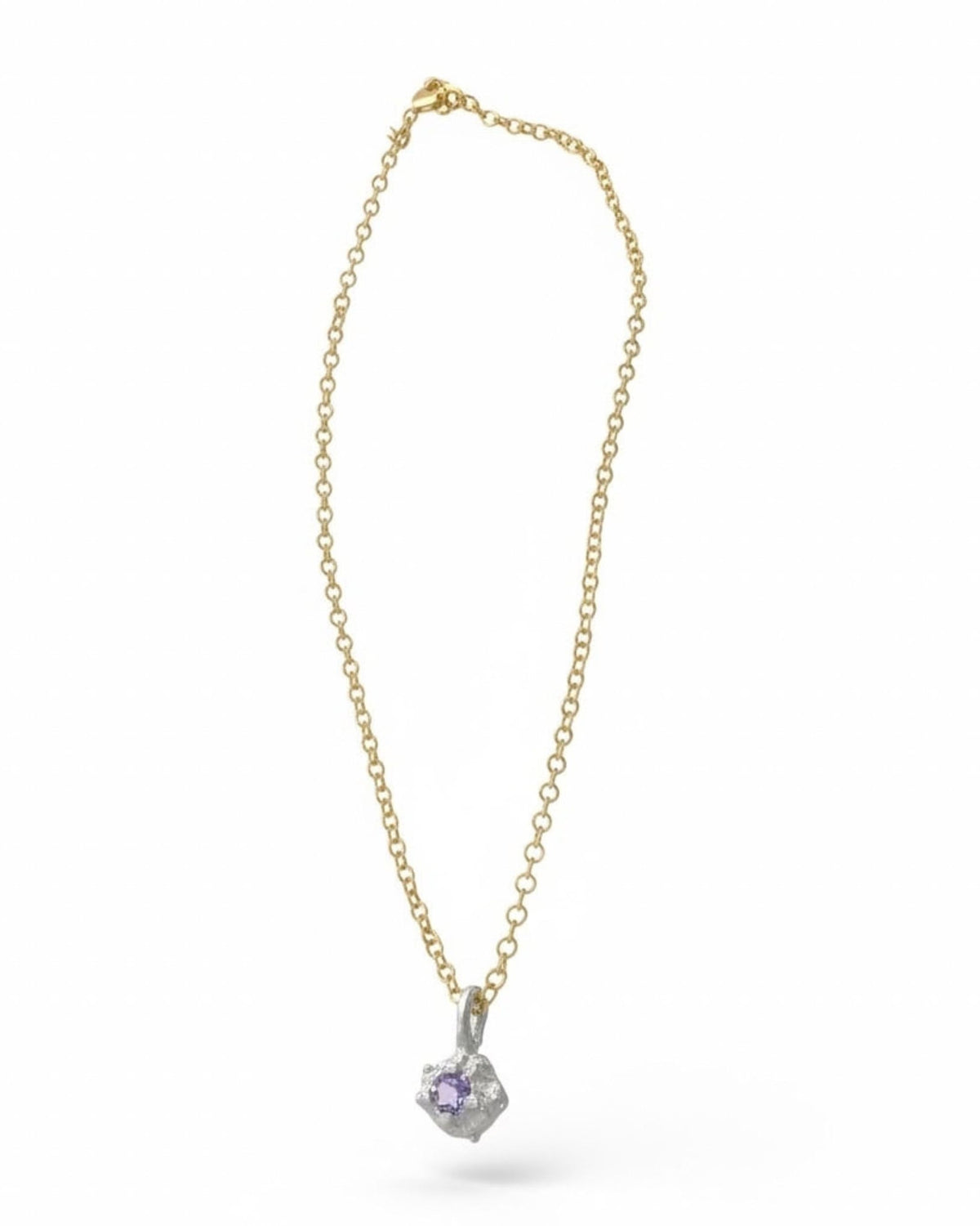 Full-length gold chain necklace with a sterling silver amethyst pendant, on white background