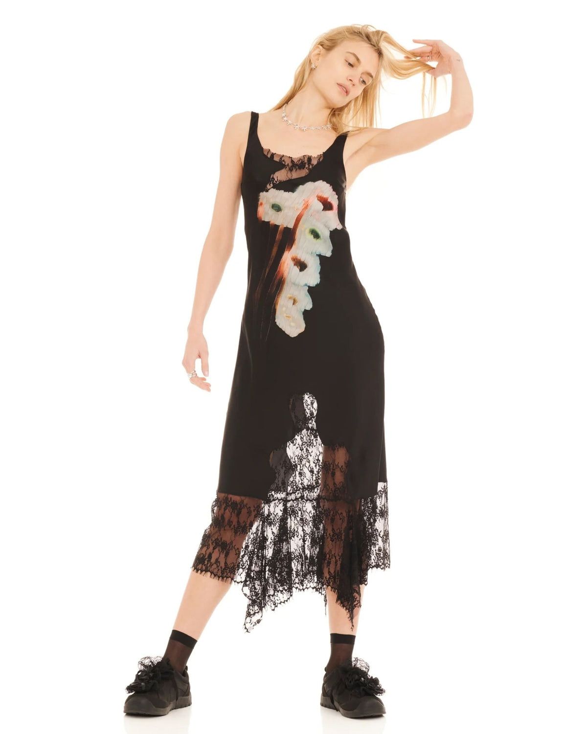 Collina Strada Hollow Blossom Anemone Dress with floral lace panels, movement view