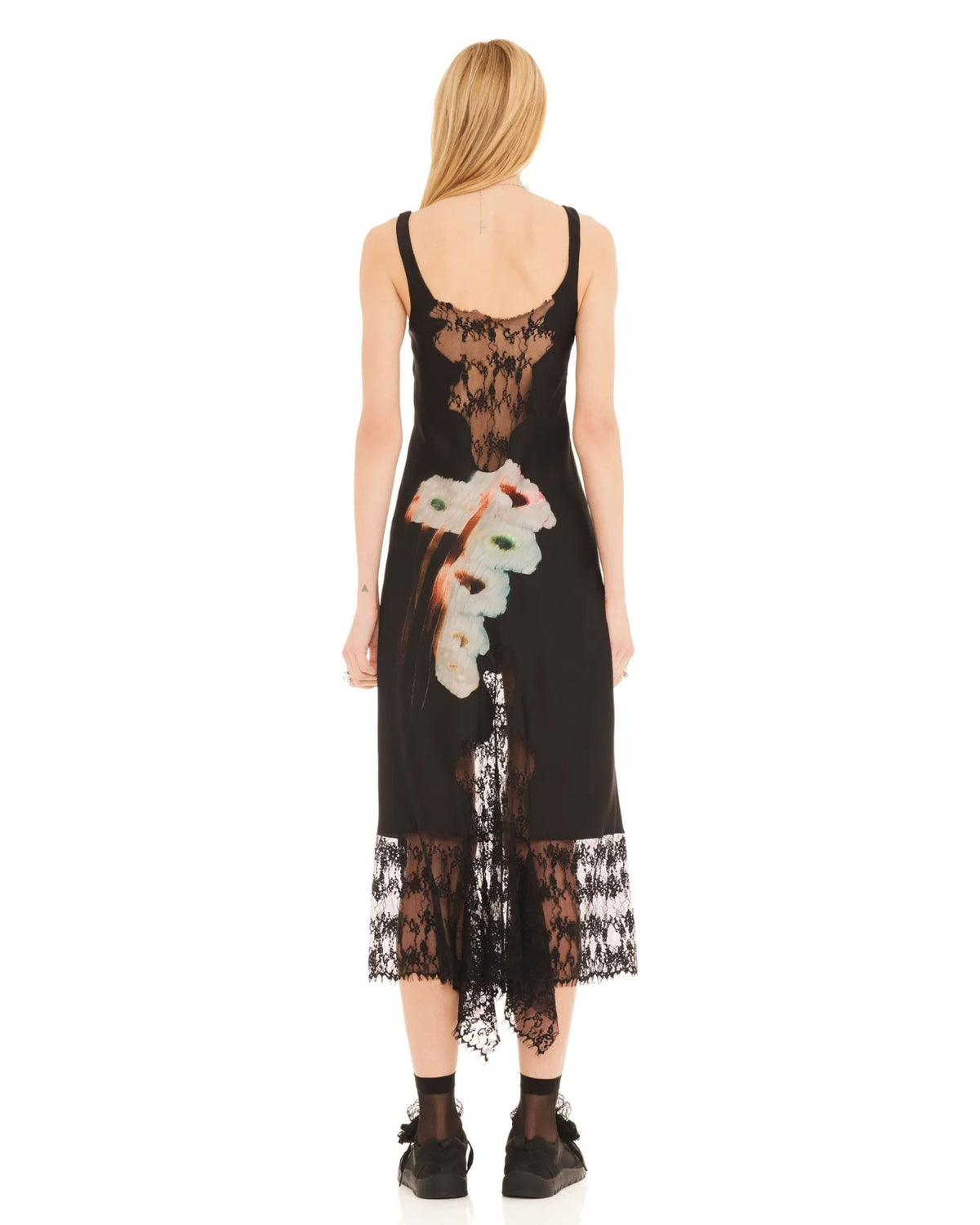 Collina Strada Hollow Blossom Anemone Dress with floral print and sheer lace back panel