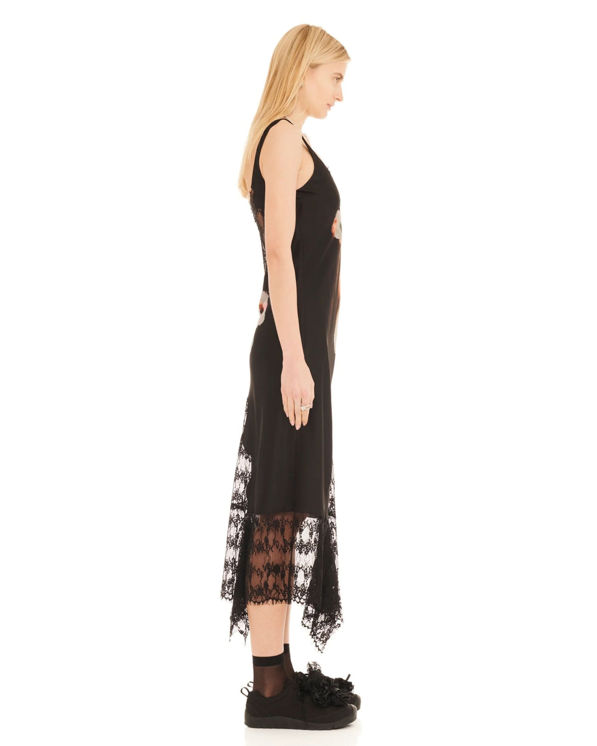 Collina Strada Hollow Blossom Anemone Dress in black satin and floral lace, side view
