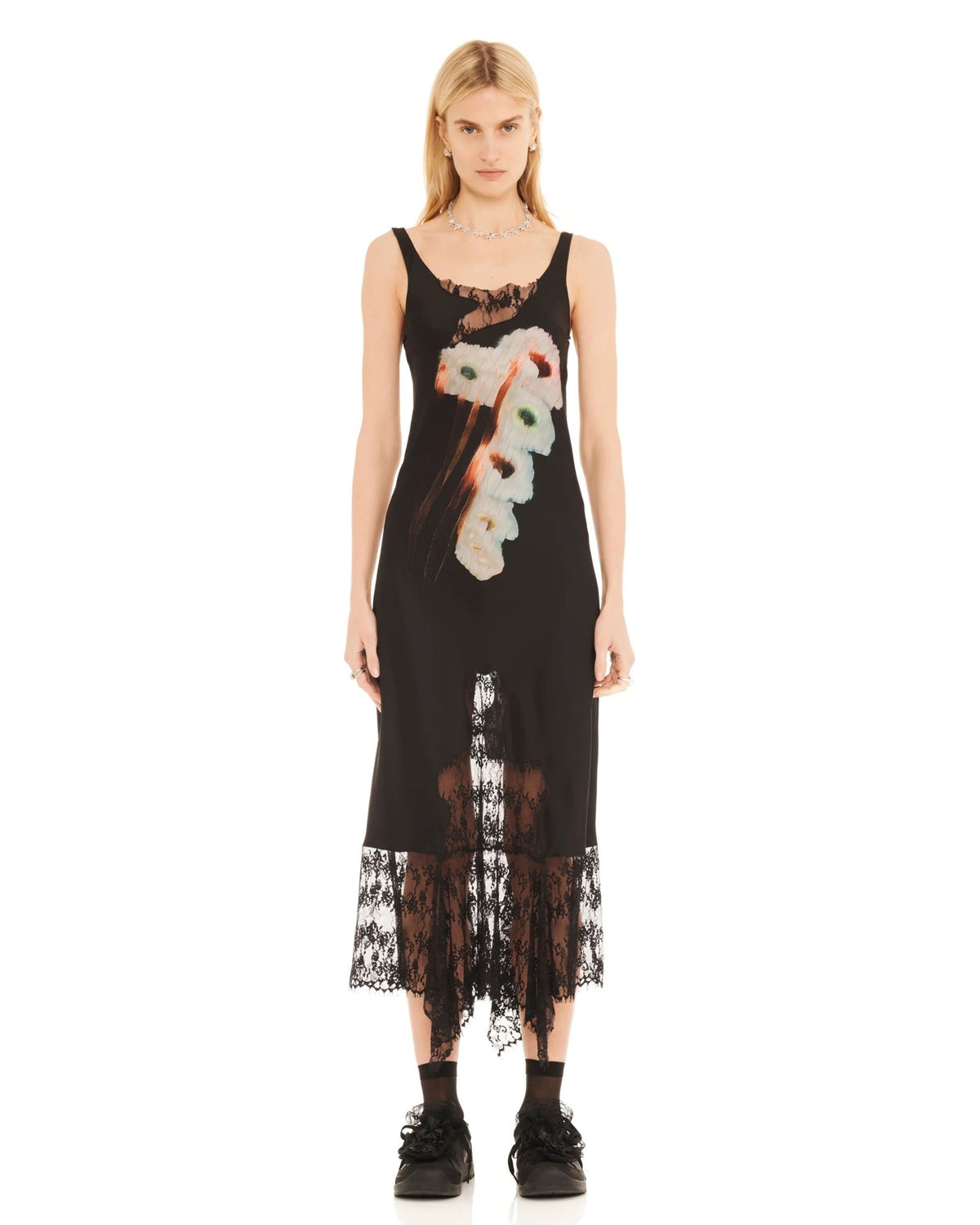 Collina Strada Hollow Blossom Anemone Dress with handkerchief hem, full-length view