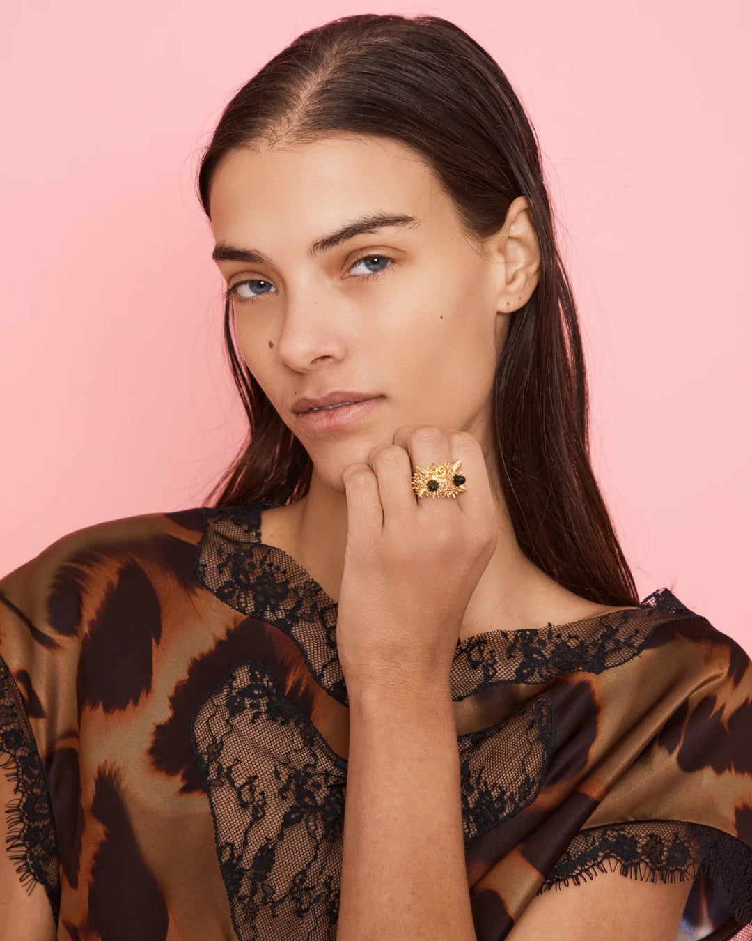Collina Strada Alien Spike Ring in Gold — worn on hand for scale