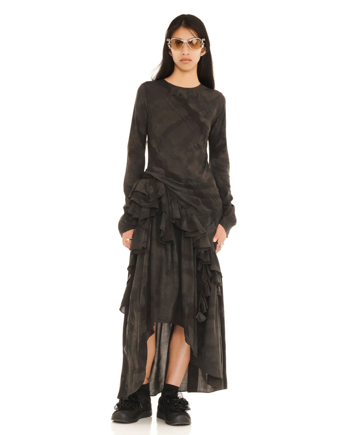 Collina Strada Black Gua Sha Athena Dress with asymmetric ruffled hem, alternate front view
