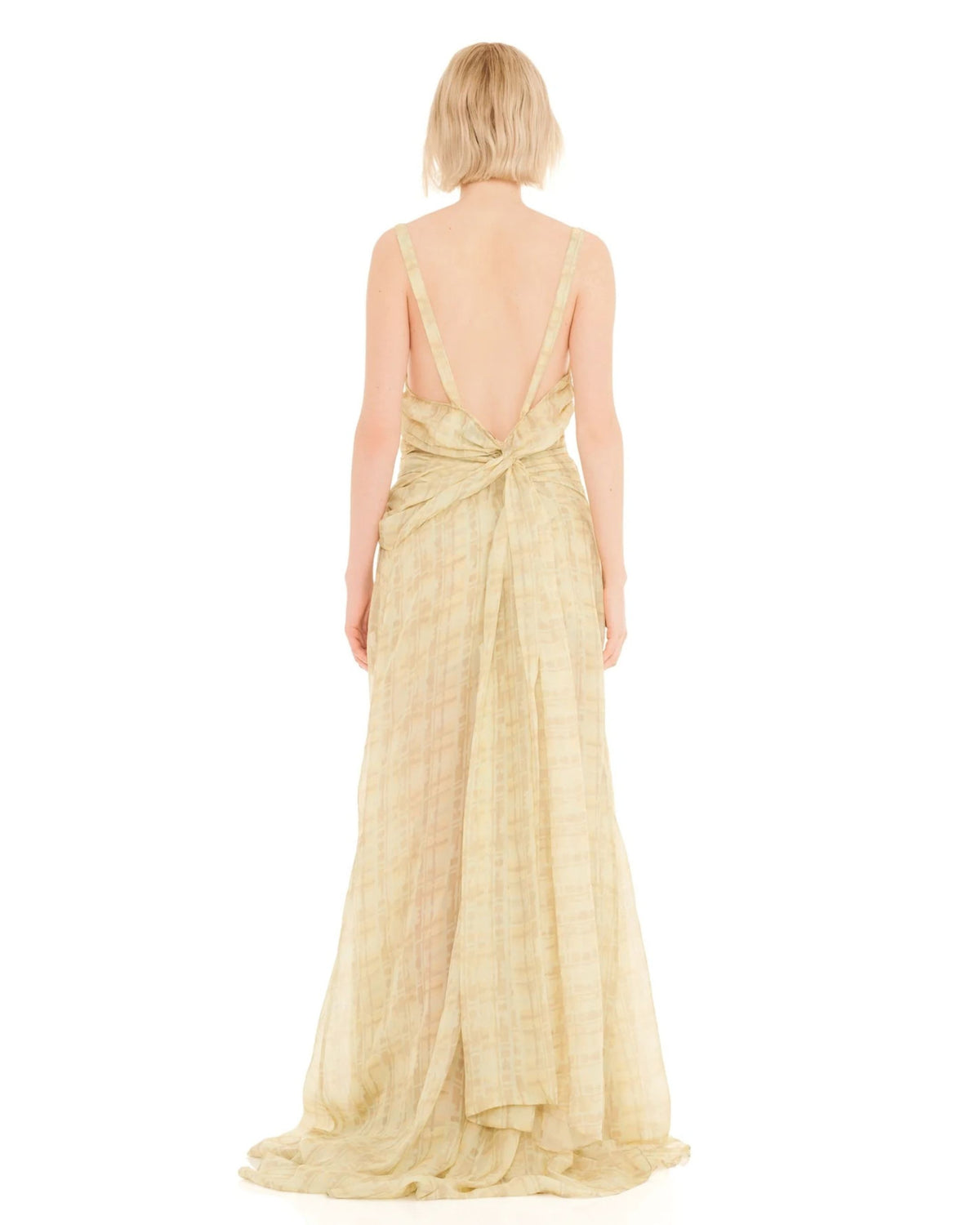 Collina Strada Butter Plaid Plume Gown, back view with knotted draping and train