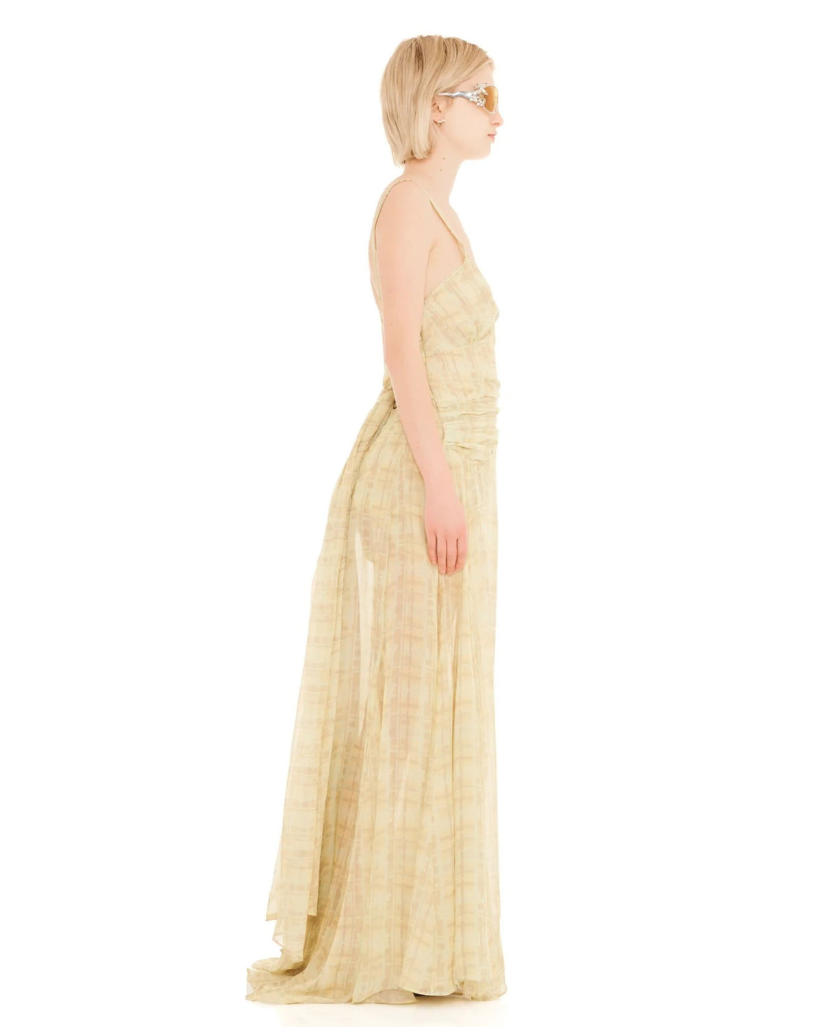 Collina Strada Butter Plaid Plume Gown, side view showing the train