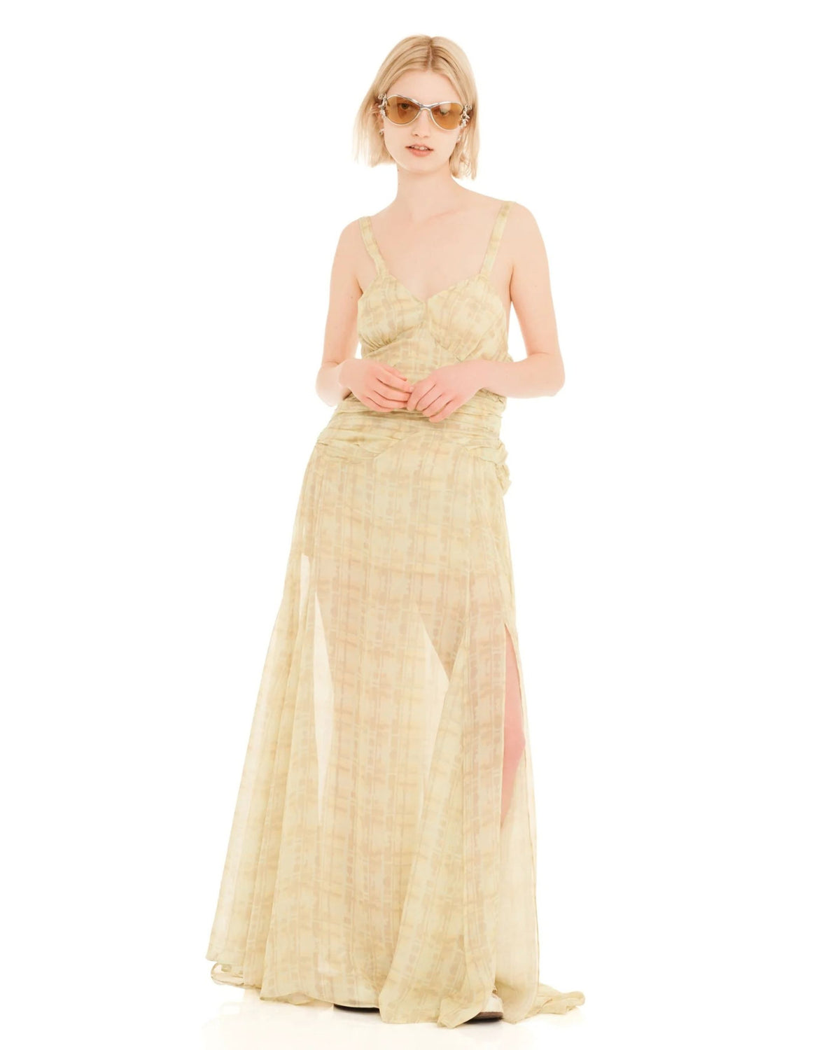 Collina Strada Butter Plaid Plume Gown in silk chiffon, front view