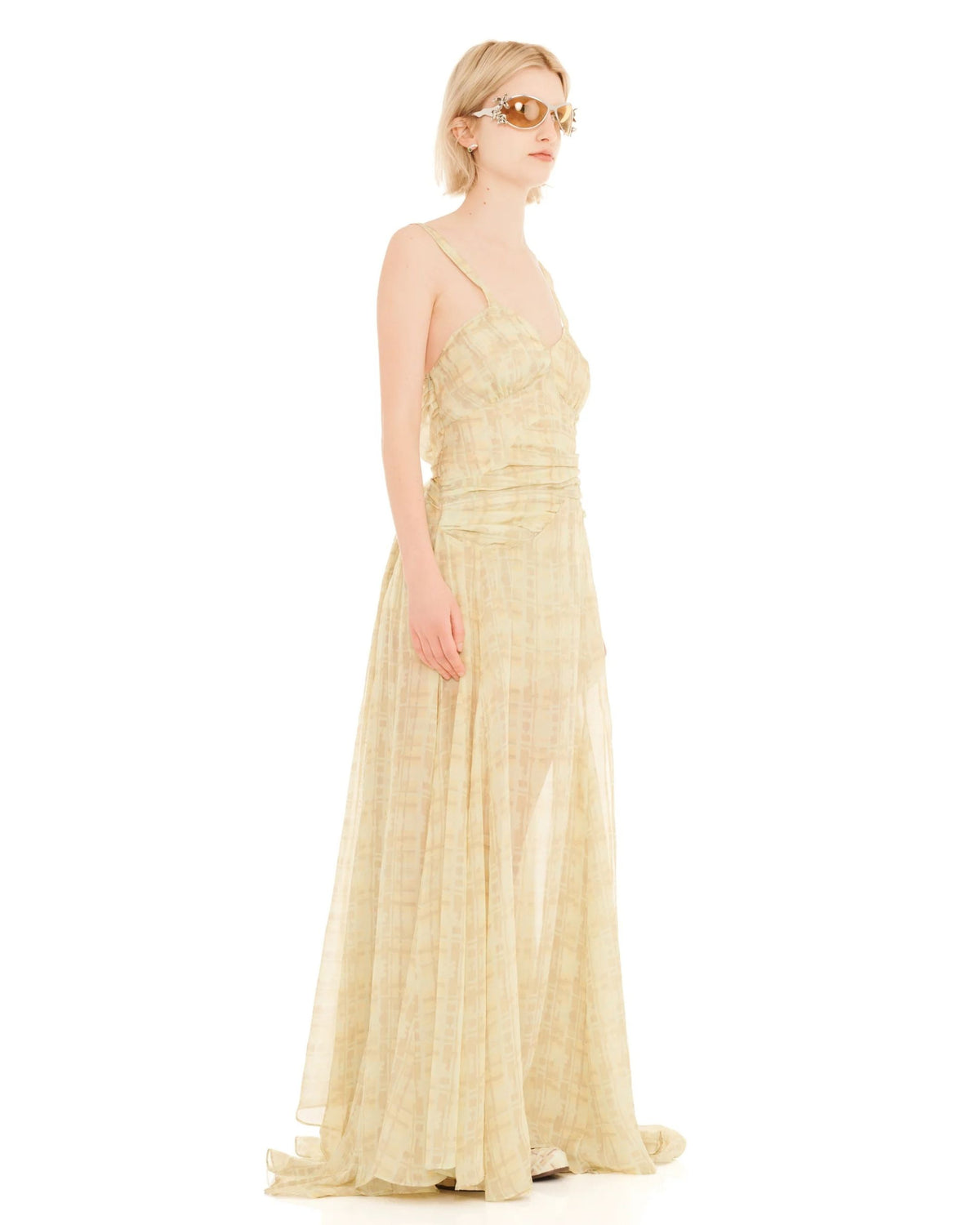 Collina Strada Butter Plaid Plume Gown, three-quarter view