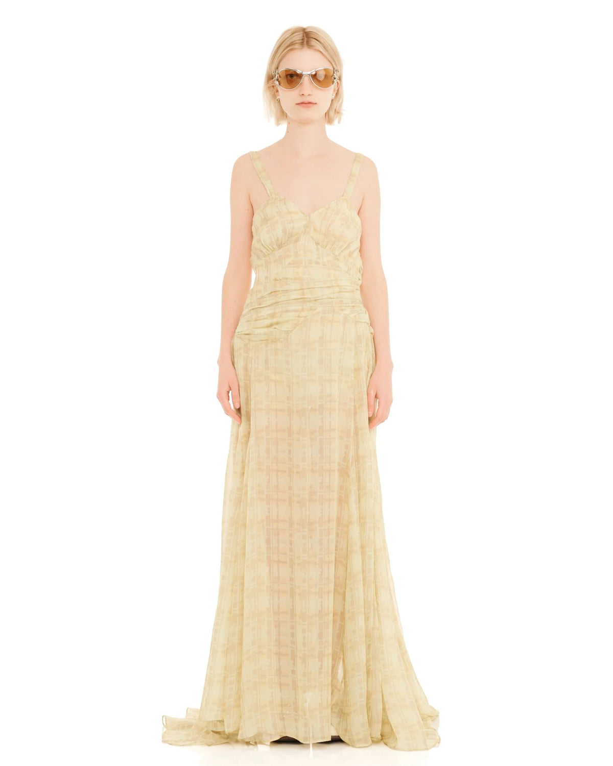 Collina Strada Butter Plaid Plume Gown with front slit and matching mini slip