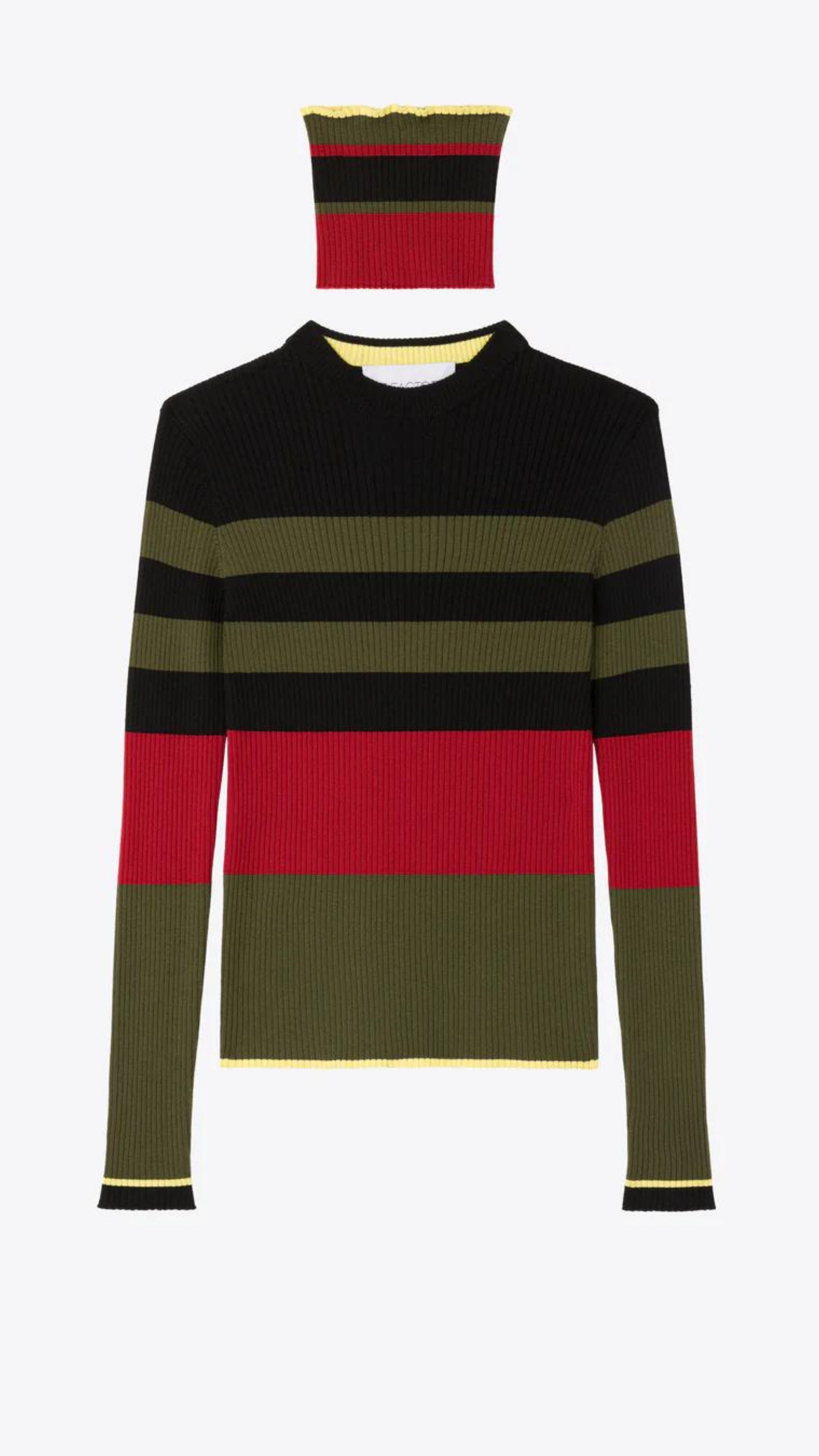 Colville AZ Factory Molly Molloy and Lucinda Chambers, Color Block Crewneck Sweater with Snood. Long sleeve sweater with crew neckline in varying stripes of black, olive and red with high light of yellow at bottom hem and cuffs. Shown with detachable snood scarf.