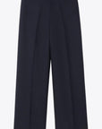 Colville AZ Factory Lucinda Chambers Molly Molloy, Double Wool Wide Leg Pants in Navy. Loose fitting boyfriend sit trouser pants. Crafted from navy blue wool in Italy. Product photo from front view.