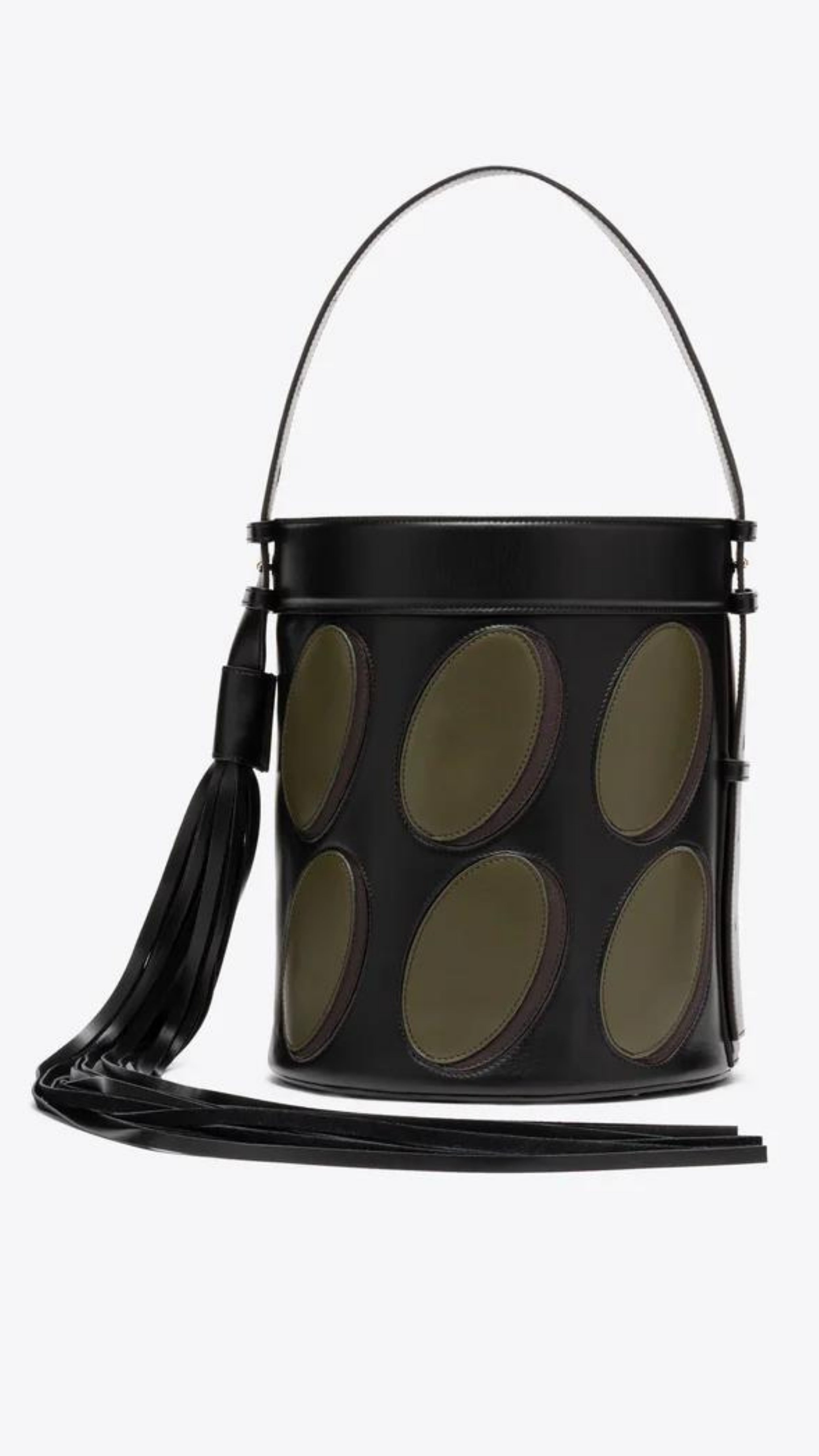 AZ Factory Colville Molly Molloy Lucinda Chambers,  Leather Patchwork Midi Bucket Bag.. Black oval bucket back in black leather with olive green ovals patches. Has an adjustable black handle and a dramatic oversize black leather tassel. Product shown from the front.