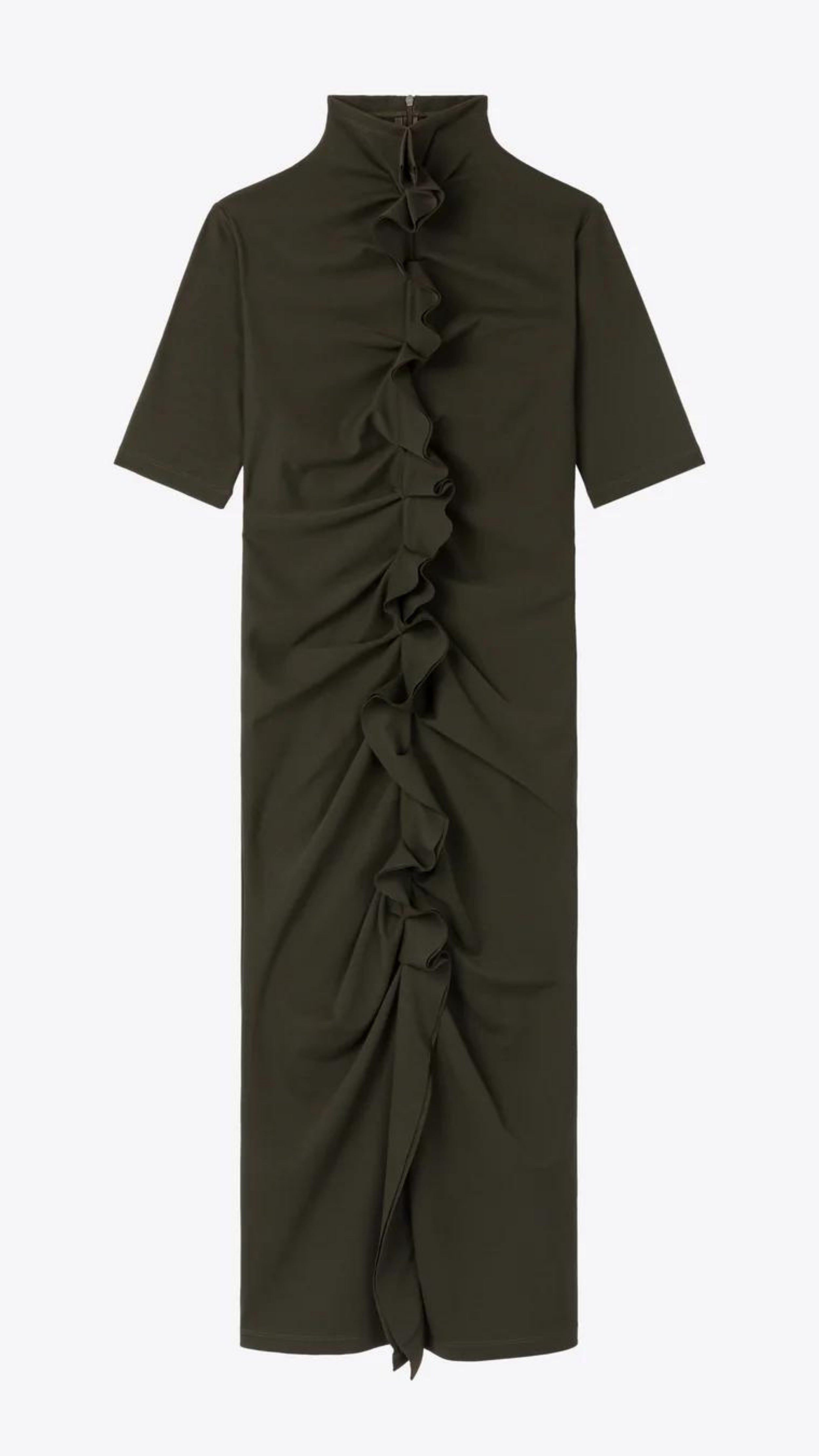 AZ Factory Colville Molly Molloy Lucinda Chambers, Ruffled Turtle Neck Dress A ruffled turtle neck dress. It is fitted with a loose T-neckline, ruffling up the front center and short sleeves. This dress has a midi length hemline.  Flat product photo