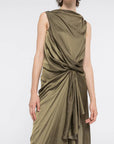 AZ Factory Colville Molly Molloy Lucinda Chambers, Sleeveless Draped Dress in Khaki An elegant olive green formal dress with a silhouette defined by a straight neckline and asymmetrical hemline. The waistline has detailed draping and the front leg as a slit. Shows detail in front