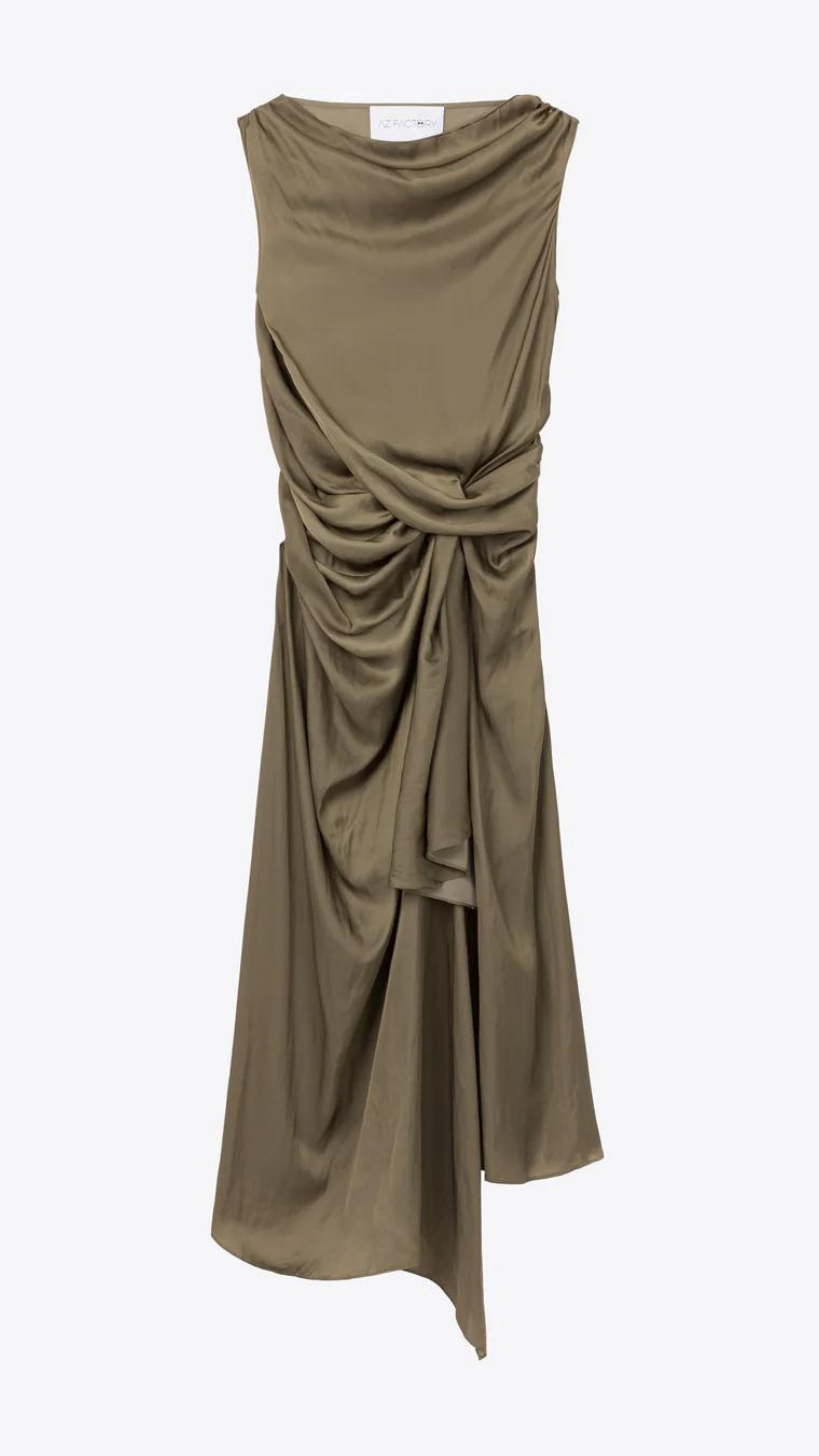 AZ Factory Colville Molly Molloy Lucinda Chambers, Sleeveless Draped Dress in Khaki An elegant olive green formal dress with a silhouette defined by a straight neckline and asymmetrical hemline. The waistline has detailed draping and the front leg as a slit. Front product photo