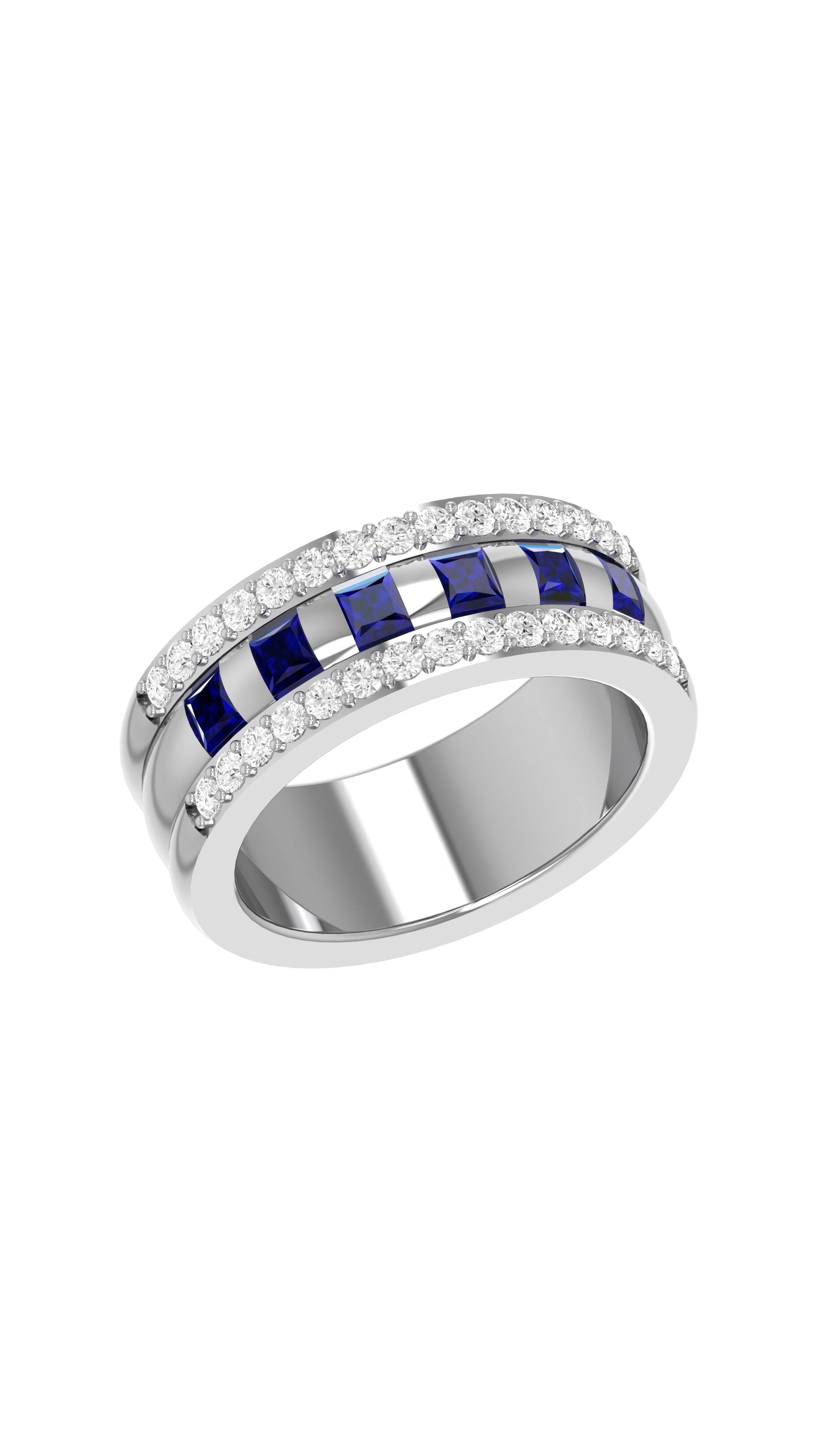 Conde de diamante Azura Ring. 18K white gold band ring with a center row of carré cut blue sapphires flanked on each side by bands of pave white diamonds. Product photo showing ring from front top
