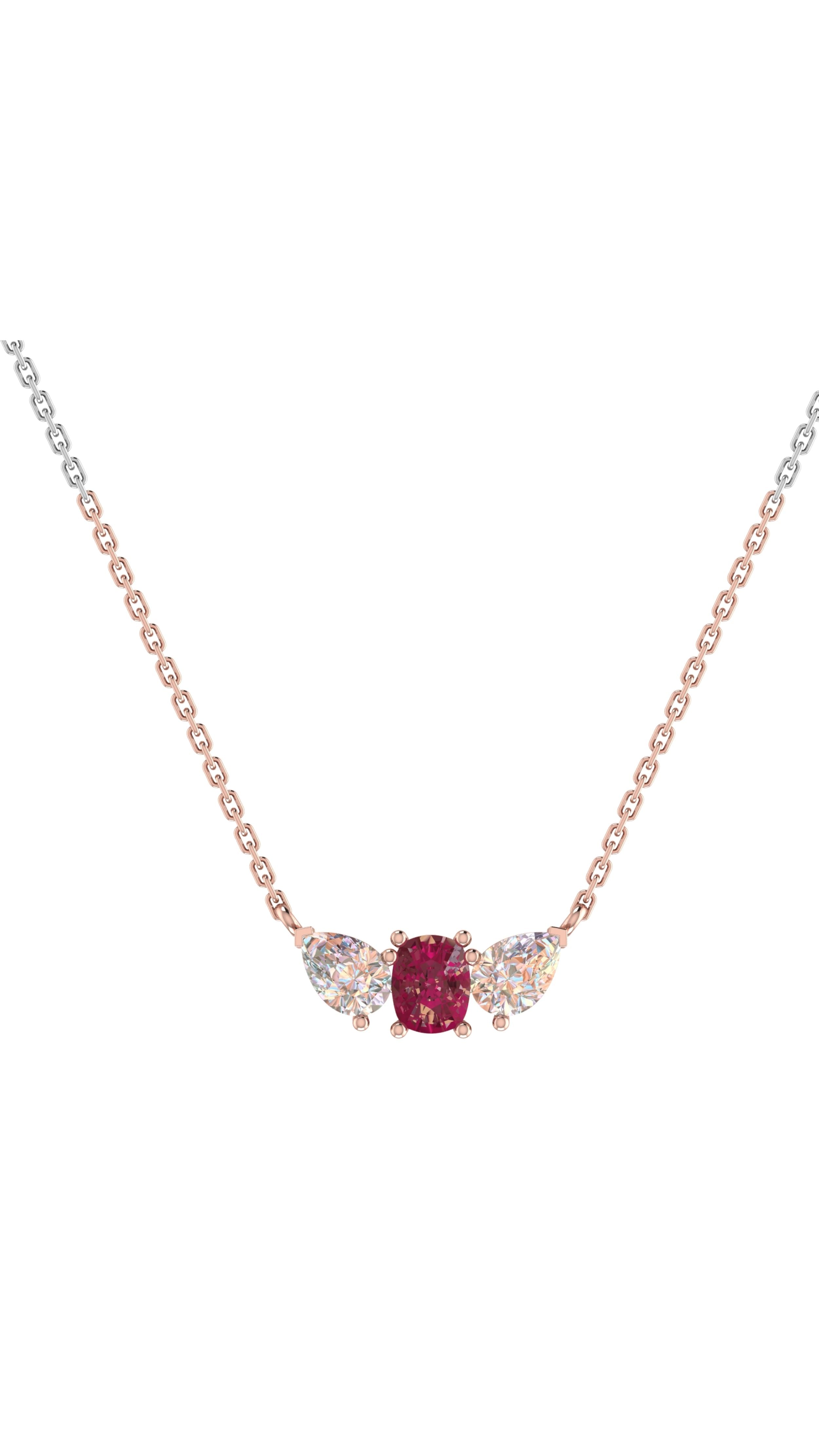 Conde de Diamante Ruby Pendant Necklace. Simple high jewelry necklace in platinum, 18K rose gold chain and with a single ruby surrounded by two white diamonds. 