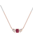 Conde de Diamante Ruby Pendant Necklace. Simple high jewelry necklace in platinum, 18K rose gold chain and with a single ruby surrounded by two white diamonds. 