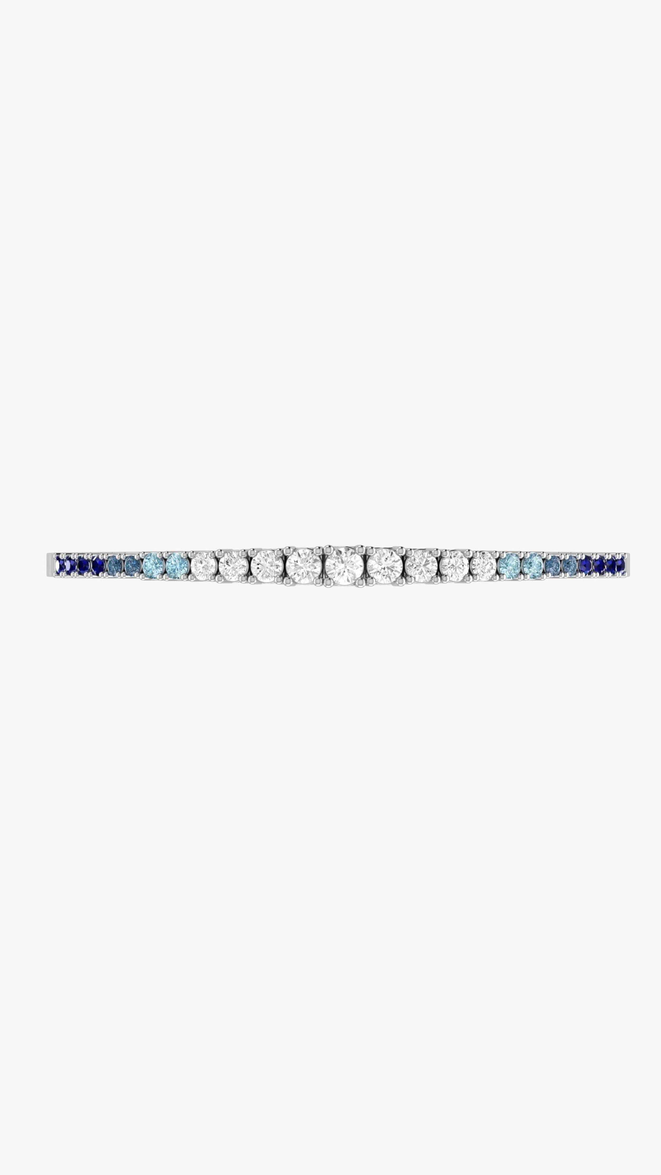 Condé de Diamante Sapphire Degradé Tennis Bracelet. whilte gold flexible tennis bracelet with diamonds and an ombre of blue sapphires. Product photo from the front.