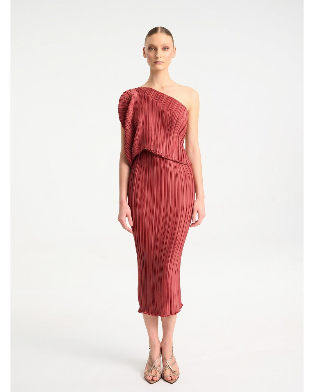 Daphne Valente Polyhumnia Dress in Pomegranate — front full-length view
