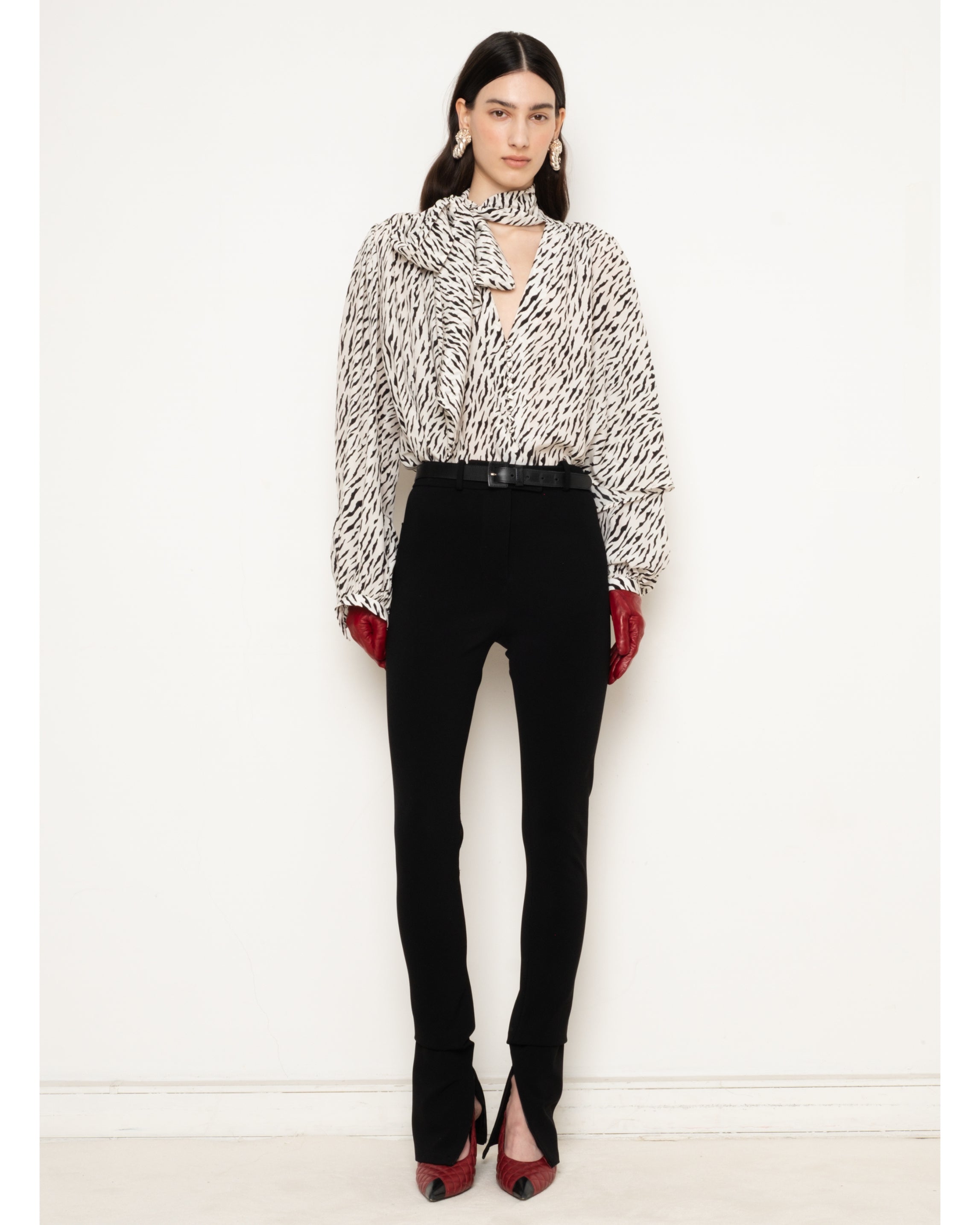 Françoise Audrey Blouse in black and white zebra print silk crepe, front view on model