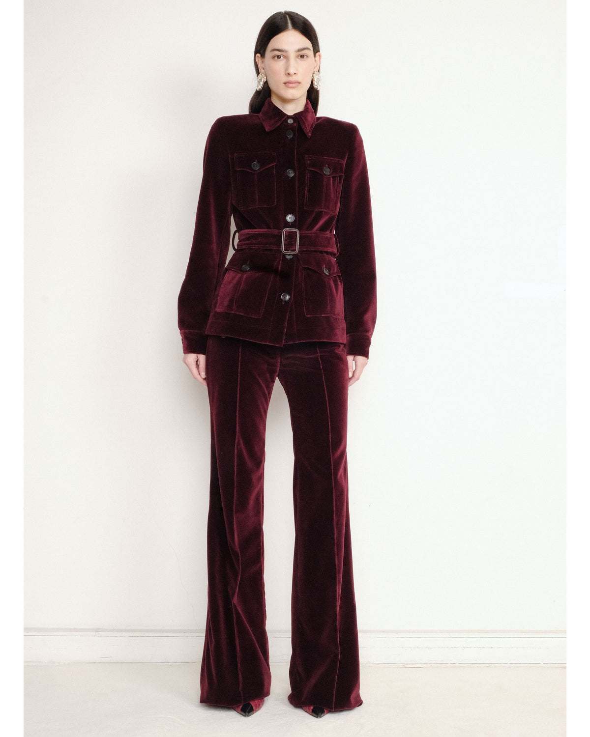 Françoise Clover Pant in burgundy velvet, styled candid shot with Sutton Jacket and accessories