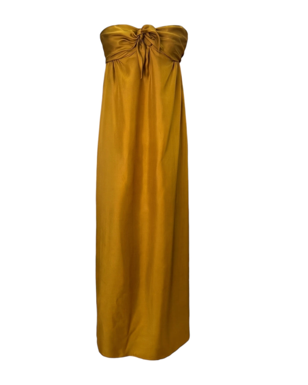 Françoise Lucie Dress in amber gold upcycled silk, strapless knot-front, flat lay front view