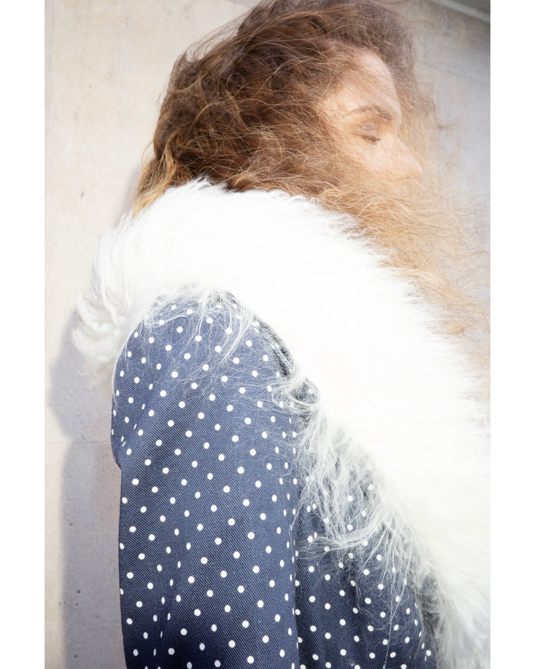 Françoise Tamara Coat, close-up of shearling collar and polka-dot sleeve detail