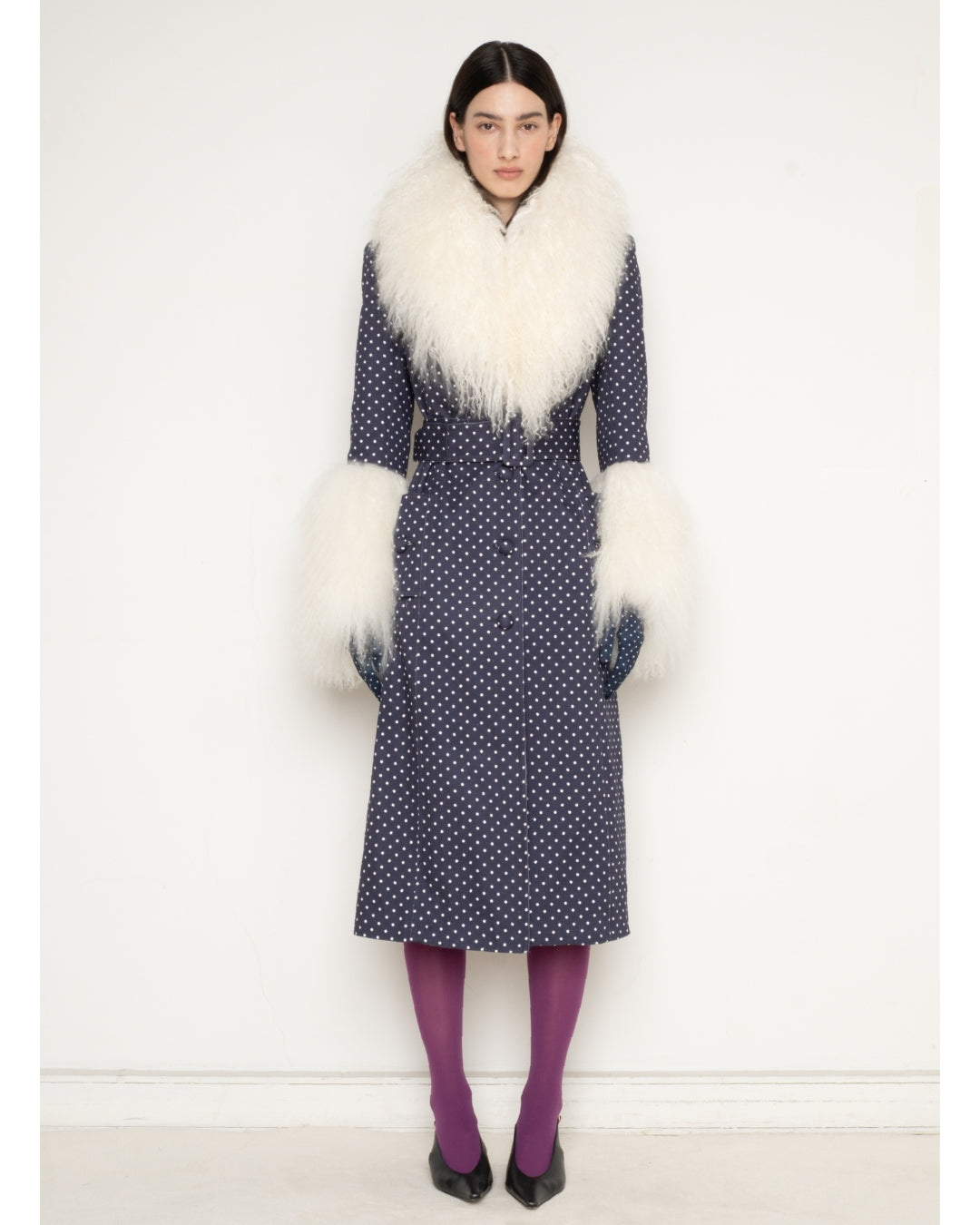 Françoise Tamara Coat in Marine, front view on model with tights and heels