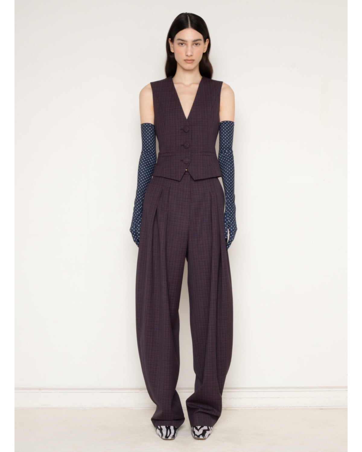 Françoise Vanessa Pant in purple wool tweed, styled with Anita Waistcoat and Agnes Gloves, front view on model