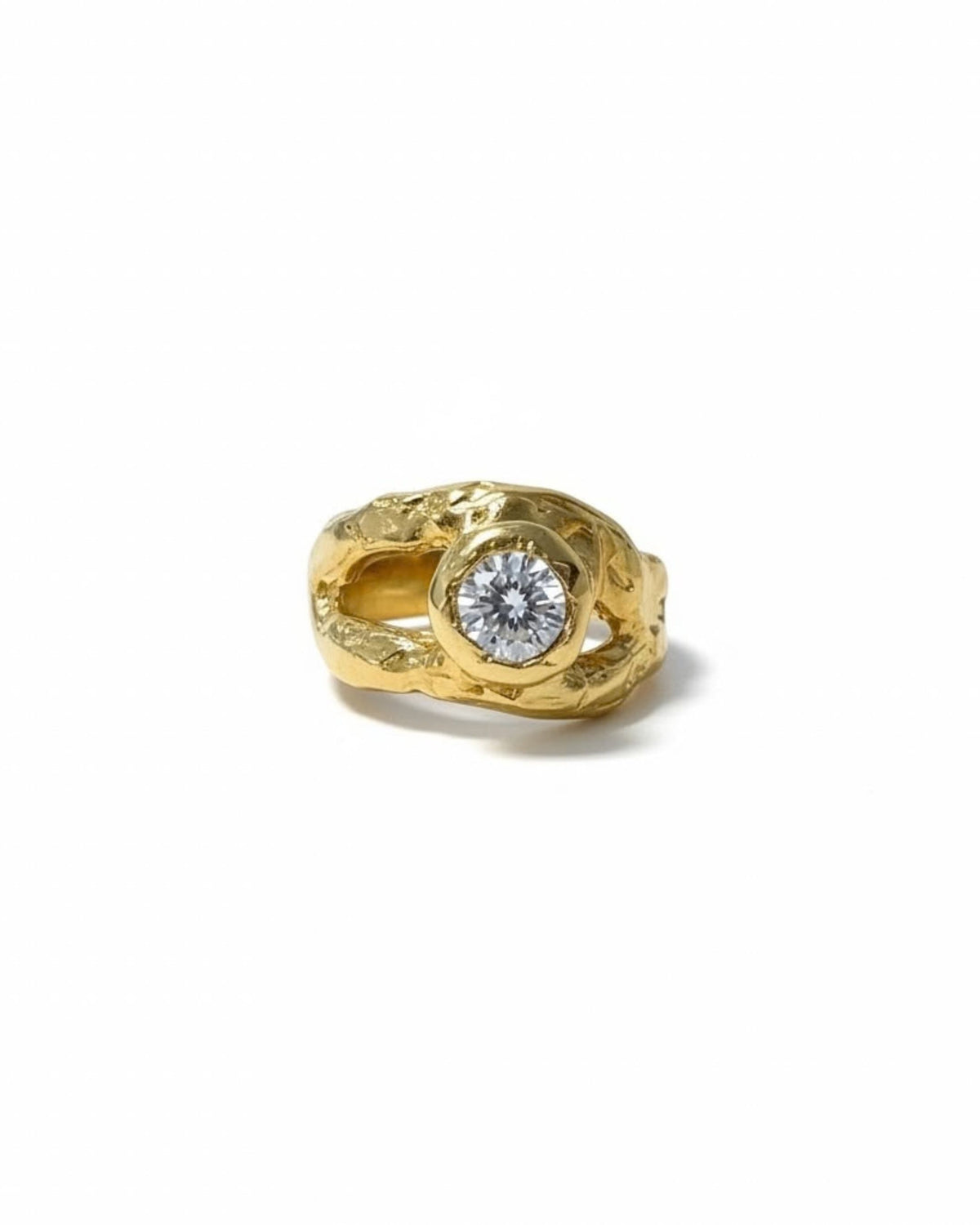 Front view of an 18k gold vermeil ring with a round lab-created white stone in a sculptural open-loop setting, on white background