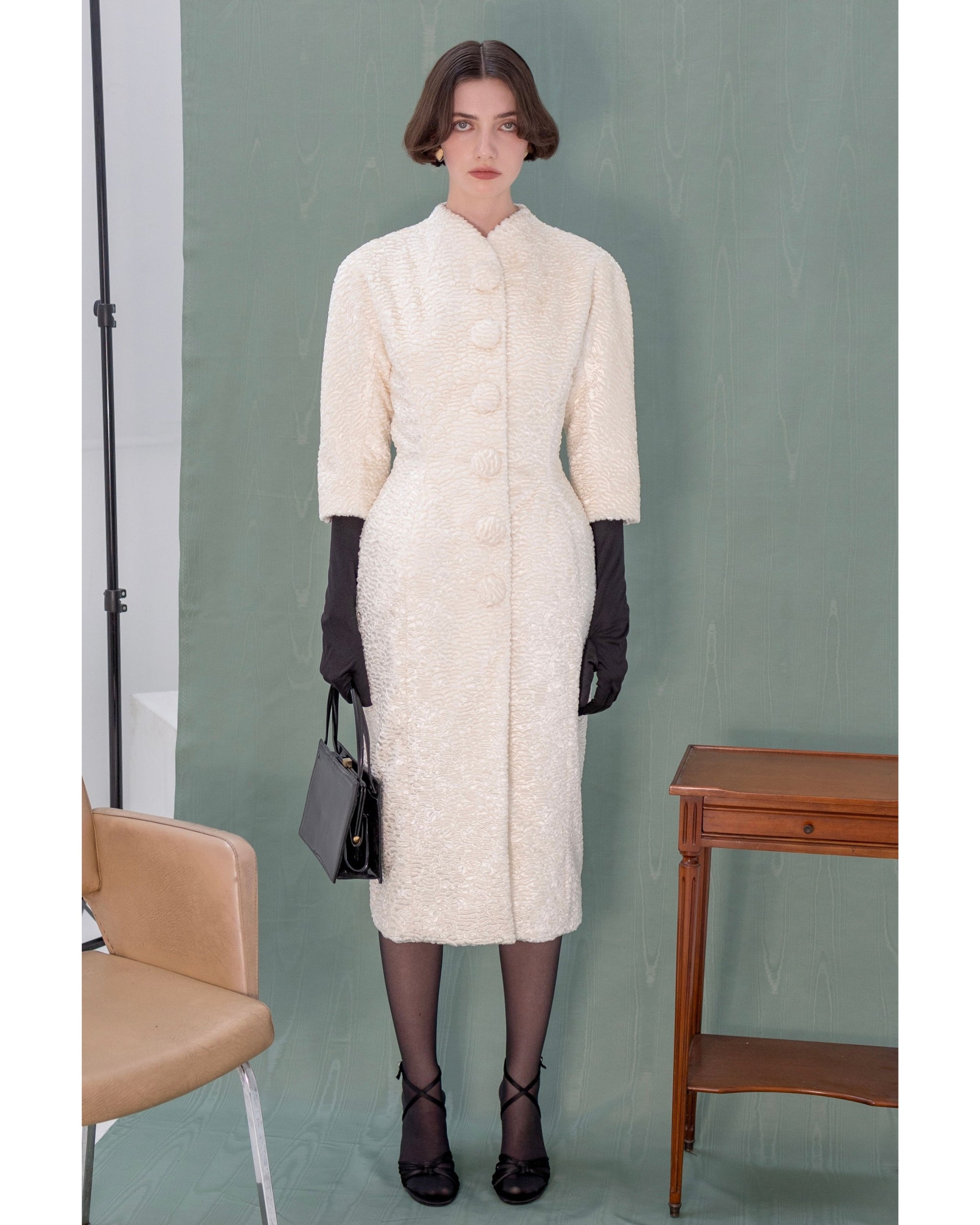 Henri Paris white faux astrakhan coat — front view, hourglass silhouette