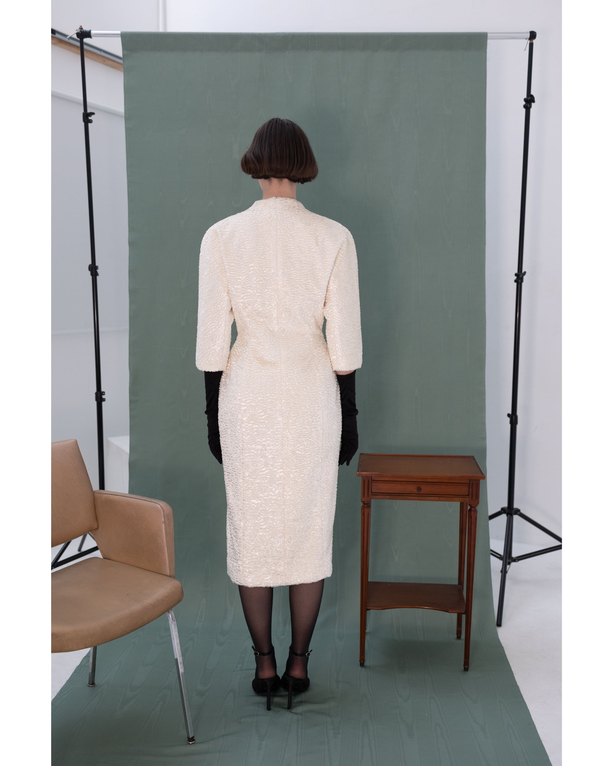 Henri Paris white faux astrakhan coat — full back view