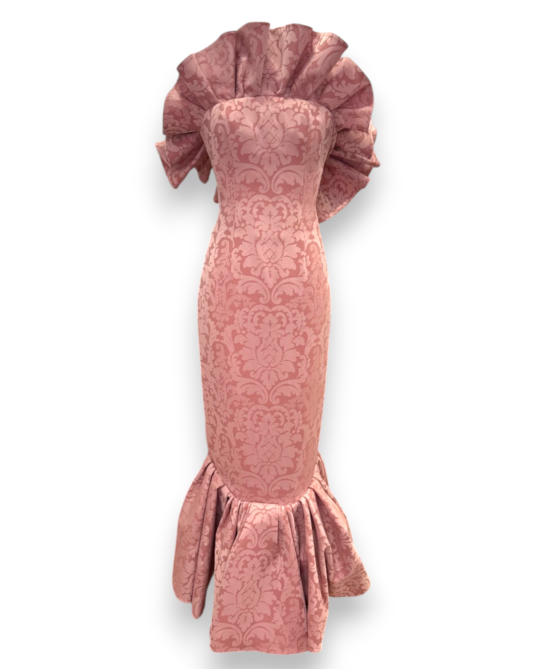 Henri Paris, Pink Damask Structured Ruffle Strapless Gown, full-length front view on white background showing boned silhouette and ruffle flounce hem, Experience 27