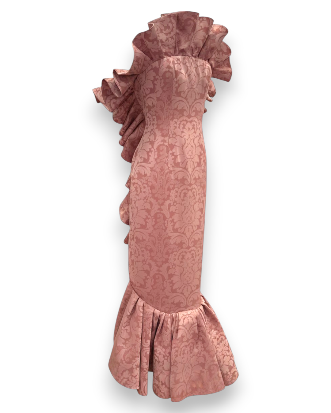 Henri Paris, Pink Damask Structured Ruffle Strapless Gown, side view showing cascade ruffle from shoulder to hip and gathered hem, Experience 27