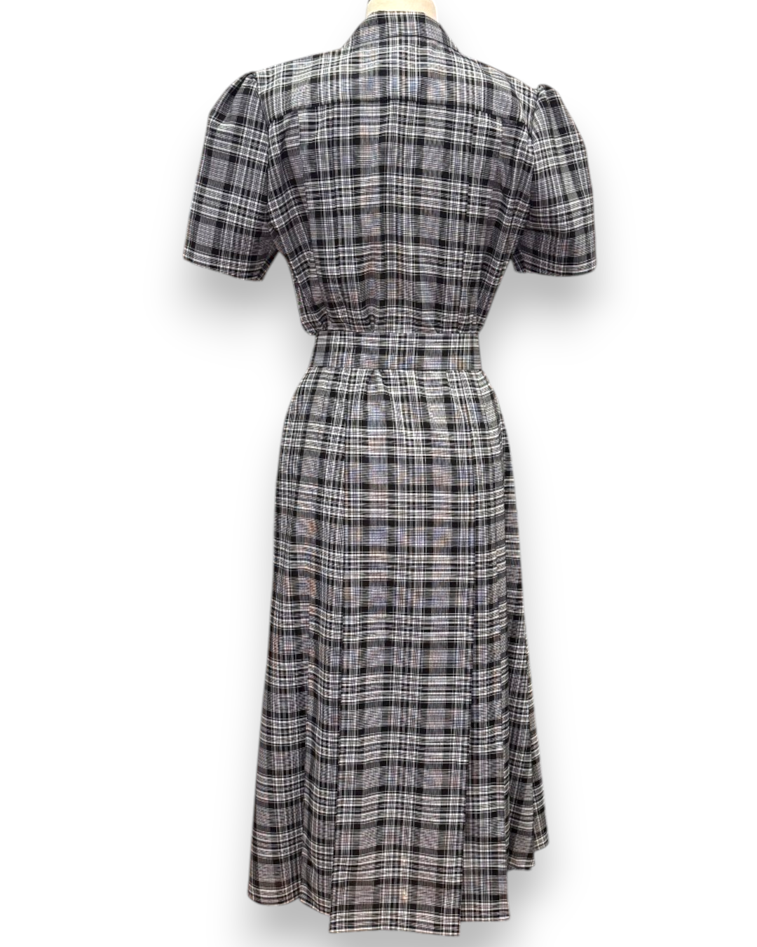Henri Paris, Checked Double-Breasted Midi Dress with Ruffle Bib, full-length back view showing structured puff sleeves and gathered skirt, Experience 27