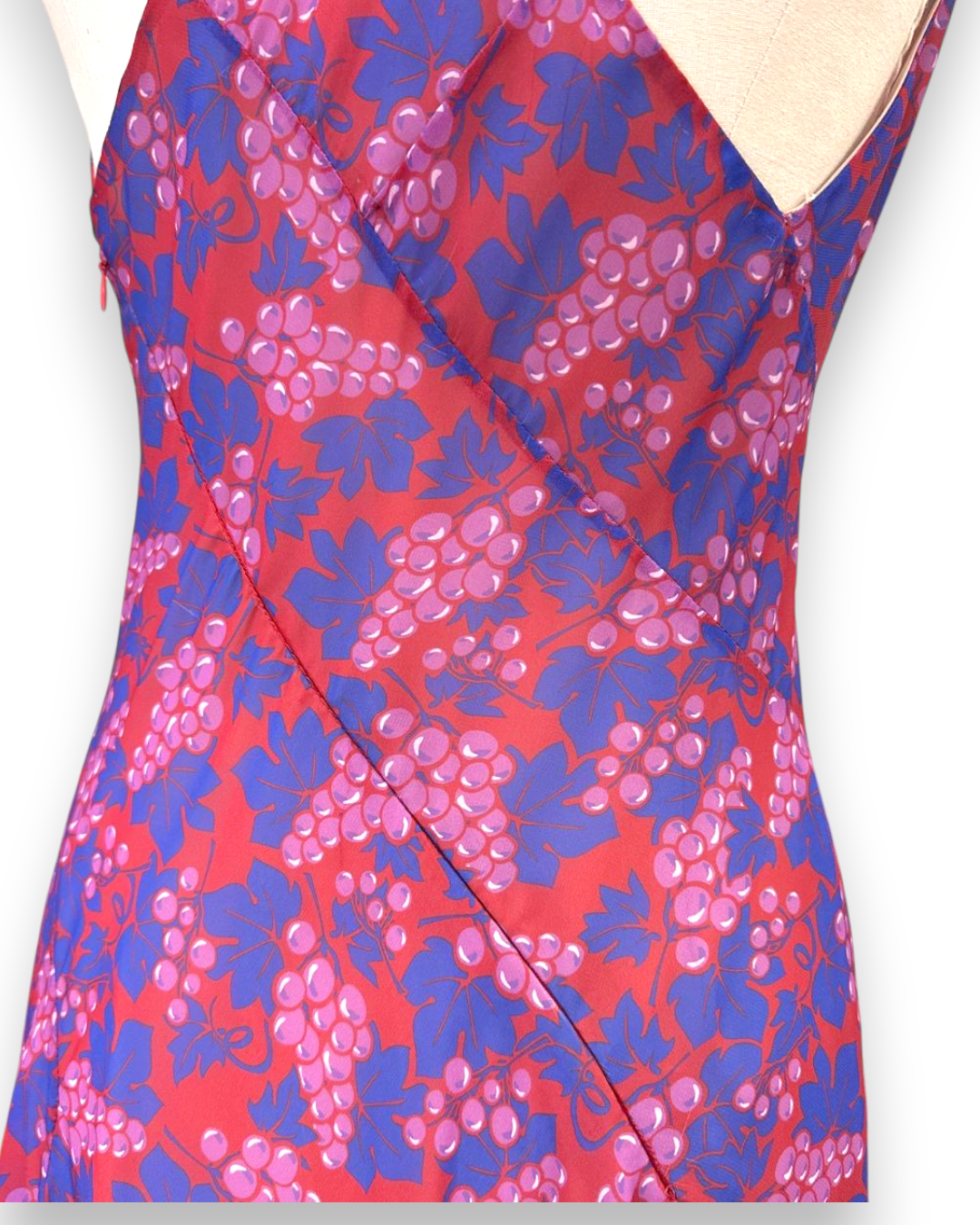 Henri Paris, Floor Length Grape Print Mousseline Gown, detail of wrap-effect front bodice and cross-strap back, Experience 27