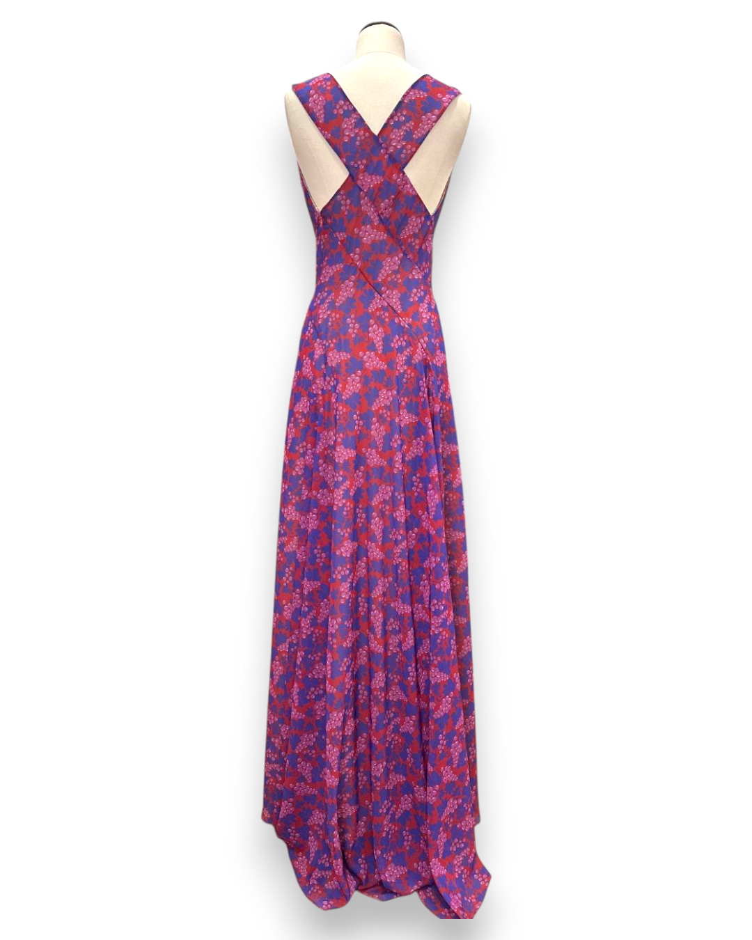 Henri Paris, Floor Length Grape Print Mousseline Gown, full-length back view showing deep cross-strap open back, Experience 27