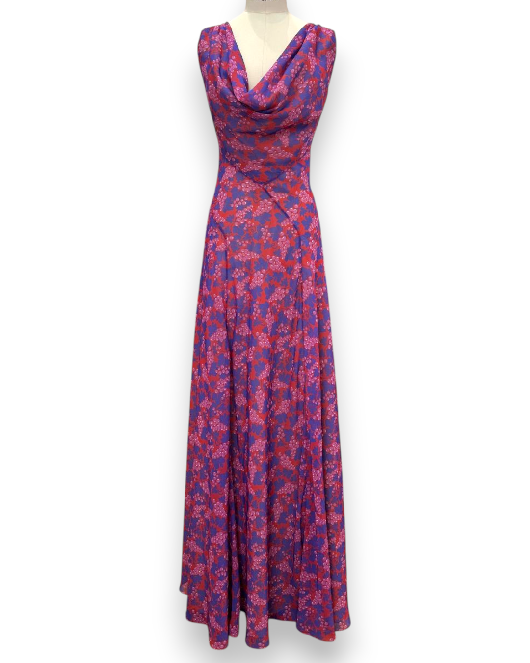 Henri Paris, Floor Length Grape Print Mousseline Gown, full-length front view with cowl neck and fluid bias-cut skirt, Experience 27