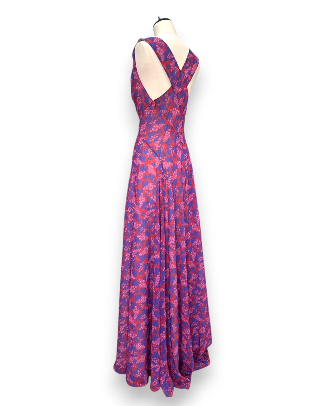 Henri Paris, Floor Length Grape Print Mousseline Gown, three-quarter back view showing open cross-back and floor-length skirt, Experience 27