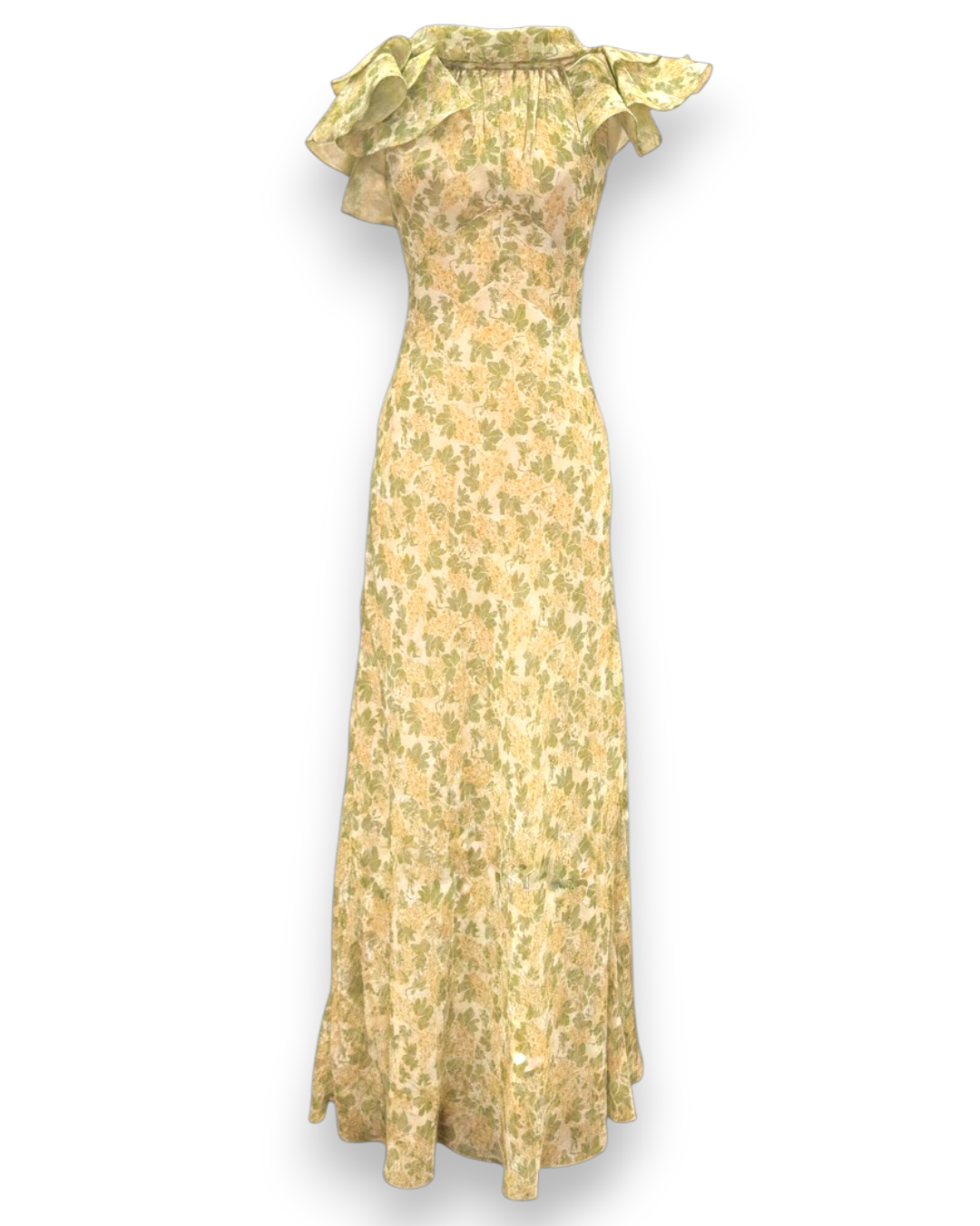 Henri Paris, Floor Length Green Floral Mousseline Gown, full-length front view with organza ruffle collar and bias-cut skirt in sage green and ivory floral print, Experience 27
