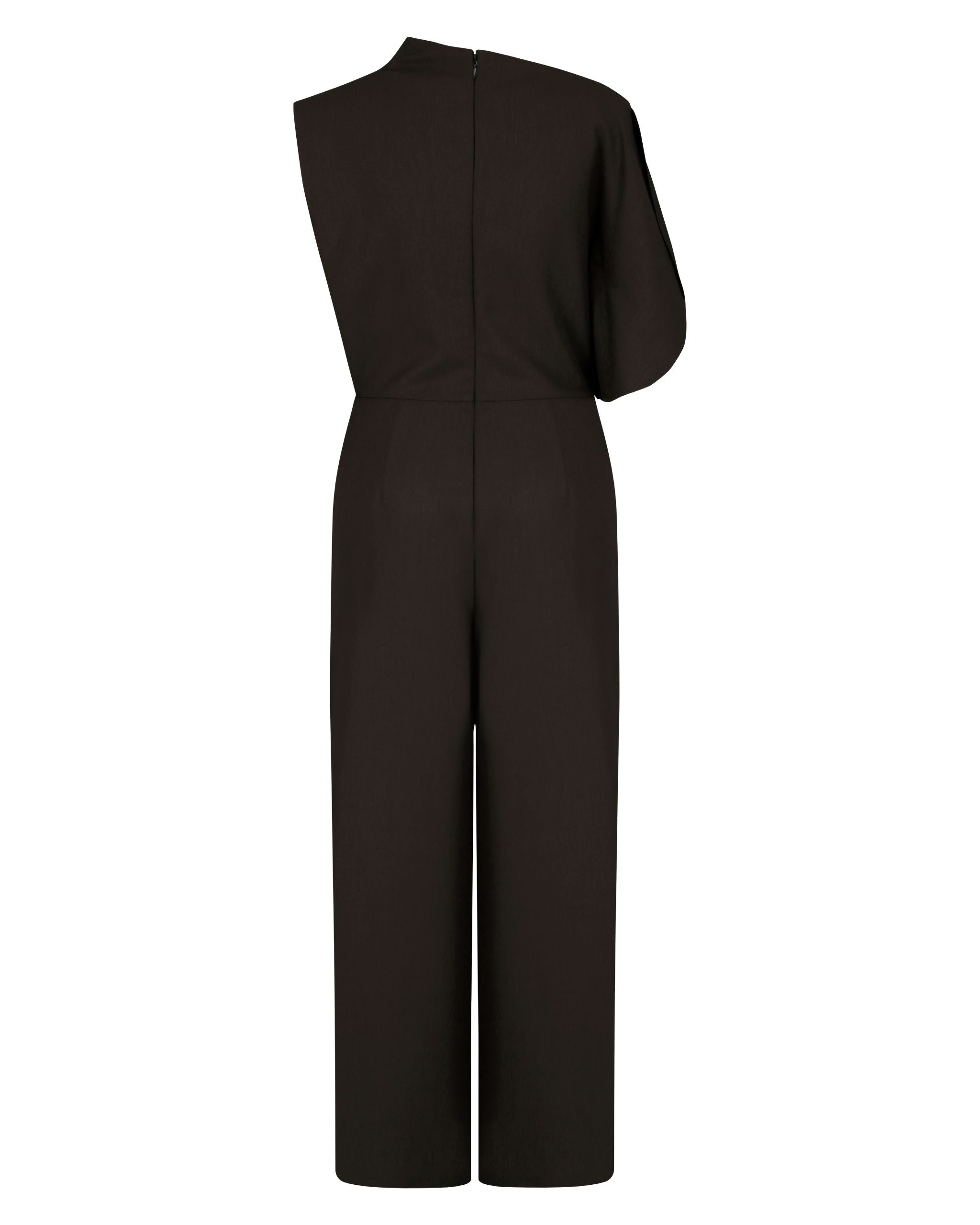 Back view of JINSUN Filante Wool Jumpsuit highlighting single draped shoulder