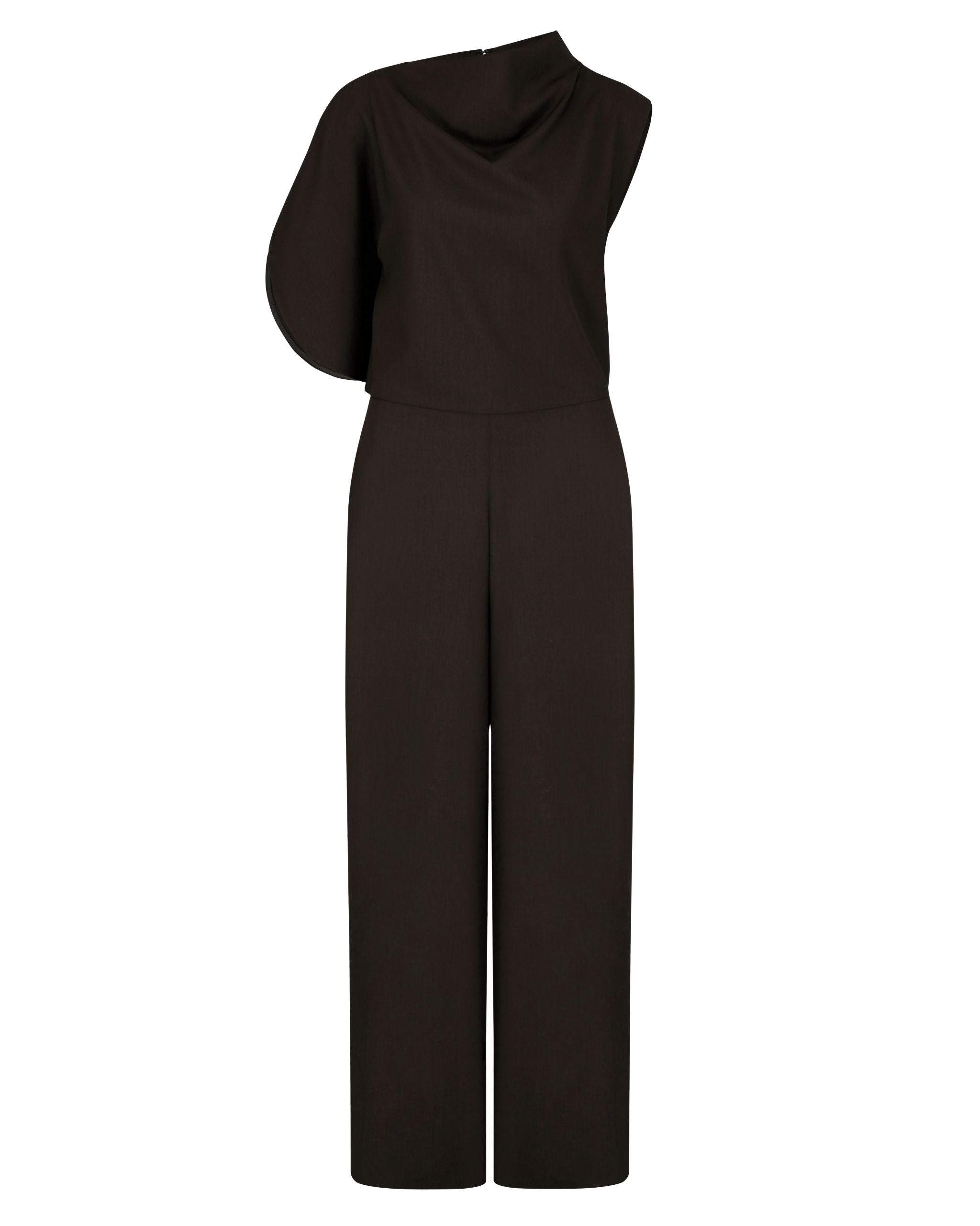 Flat lay of JINSUN Filante Wool Jumpsuit showing wool-triacetate texture and soft drape