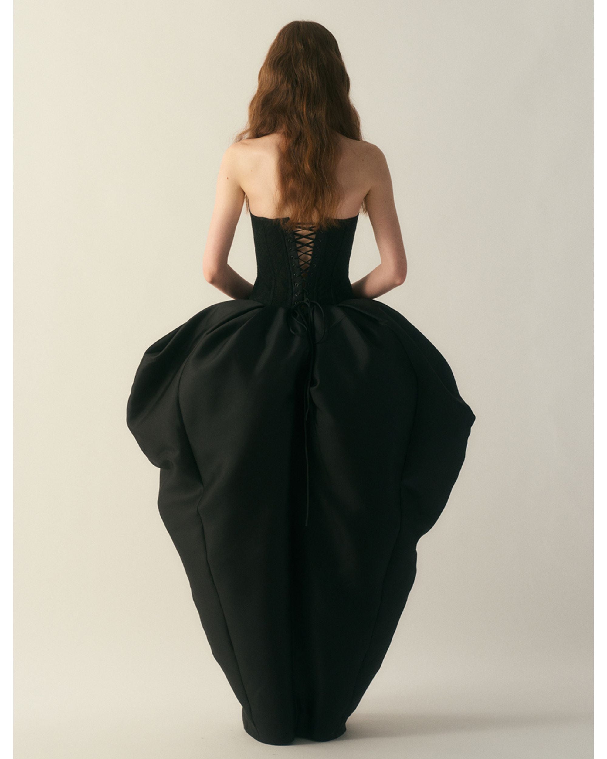 Back view of the Stemline Corset Silk Gown showing lace-up corset detail
